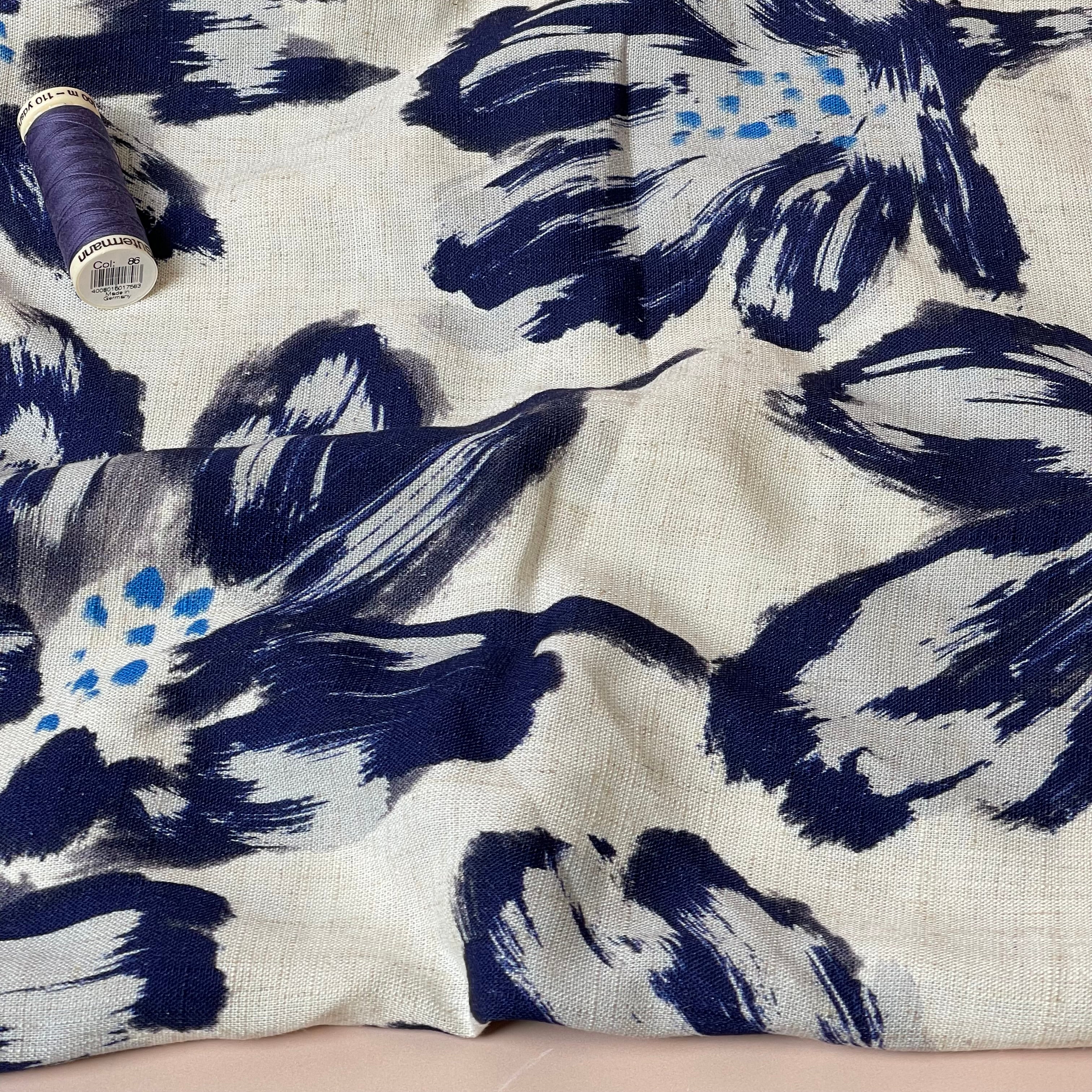 Large Navy Flowers Viscose Linen Fabric