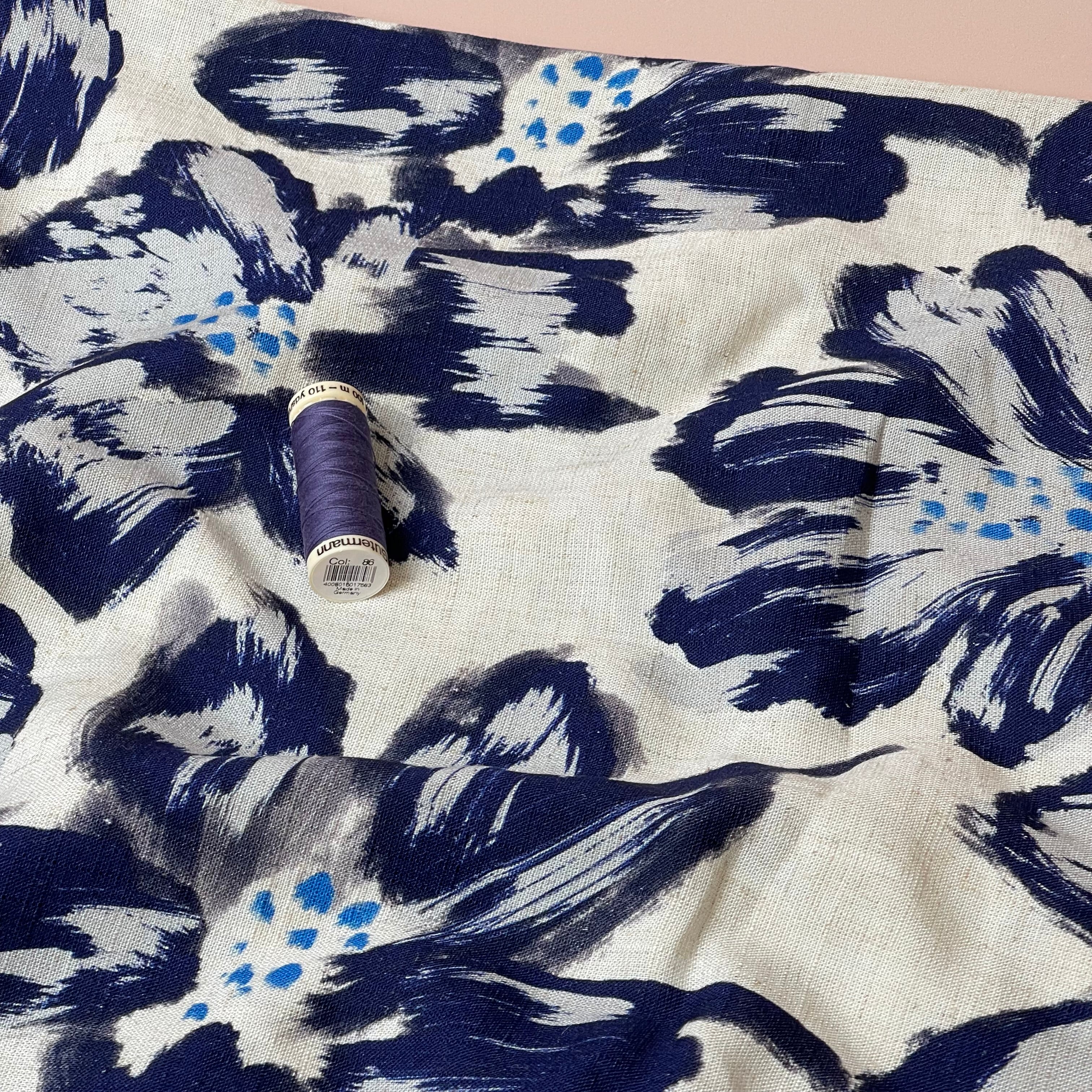 Large Navy Flowers Viscose Linen Fabric