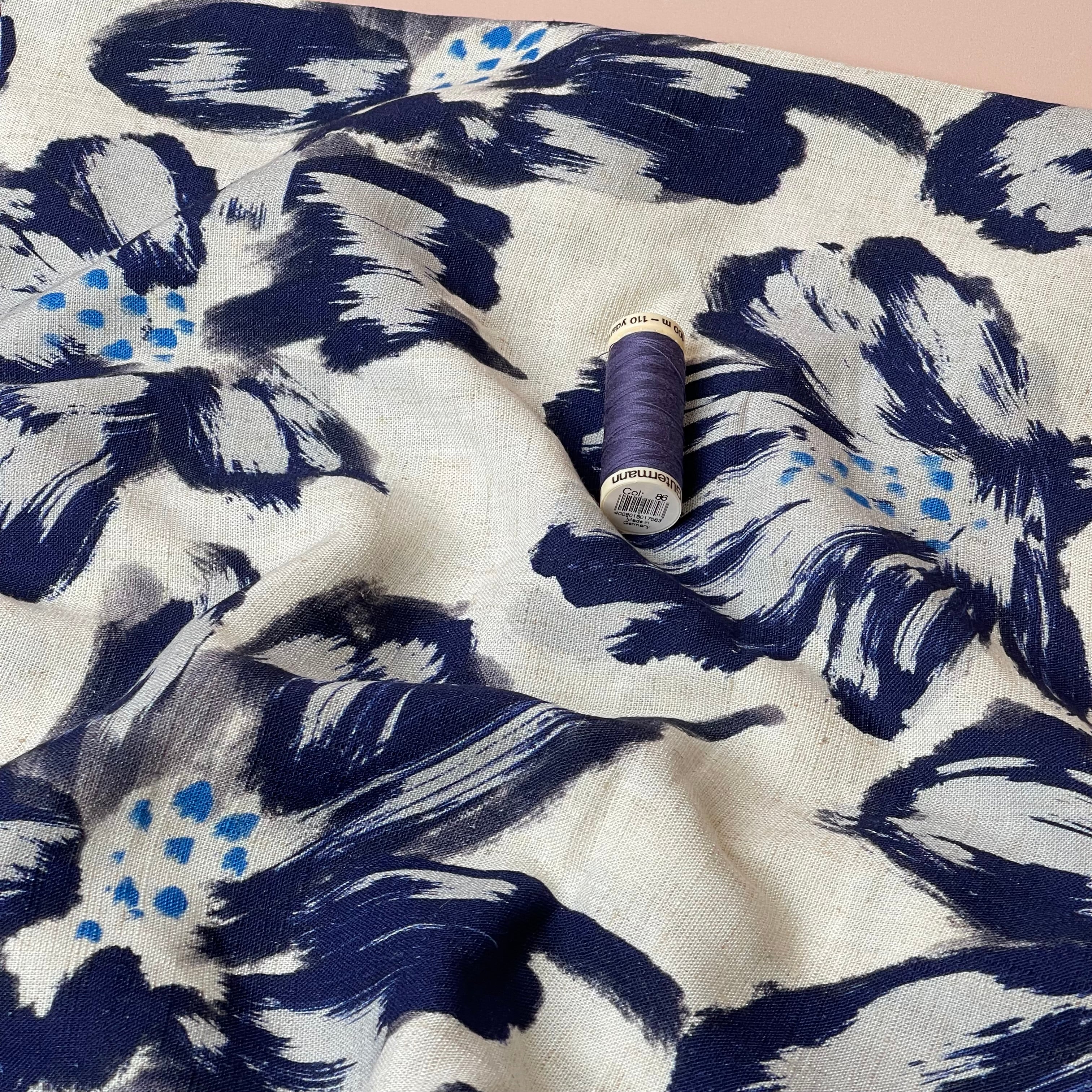 Large Navy Flowers Viscose Linen Fabric