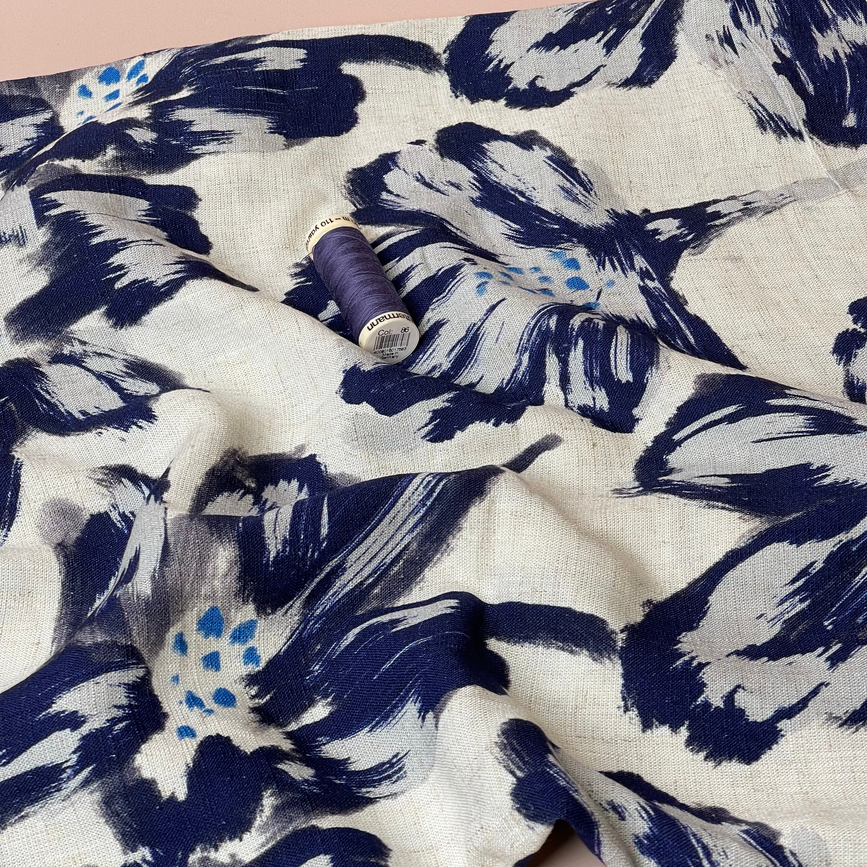 Large Navy Flowers Viscose Linen Fabric