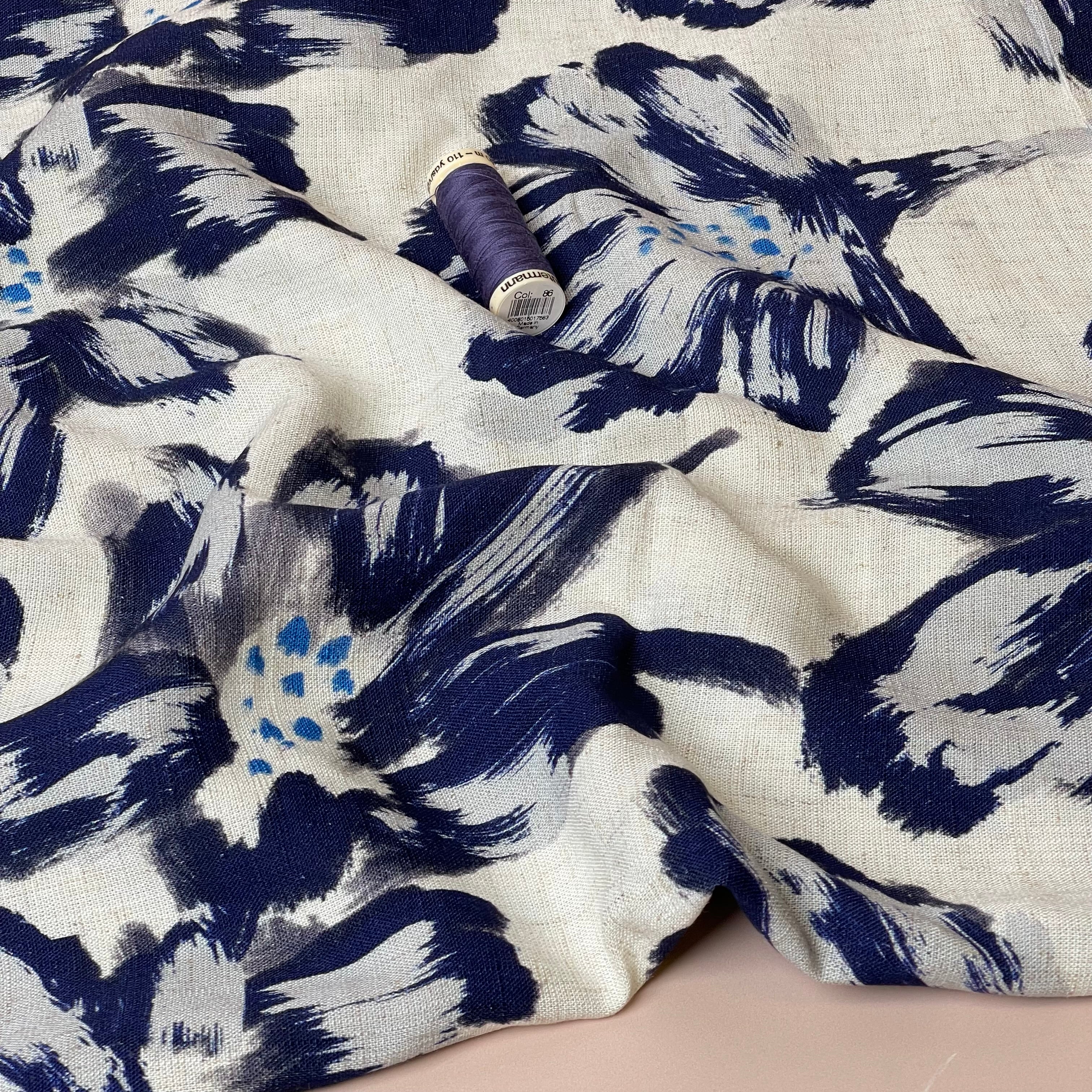 Large Navy Flowers Viscose Linen Fabric