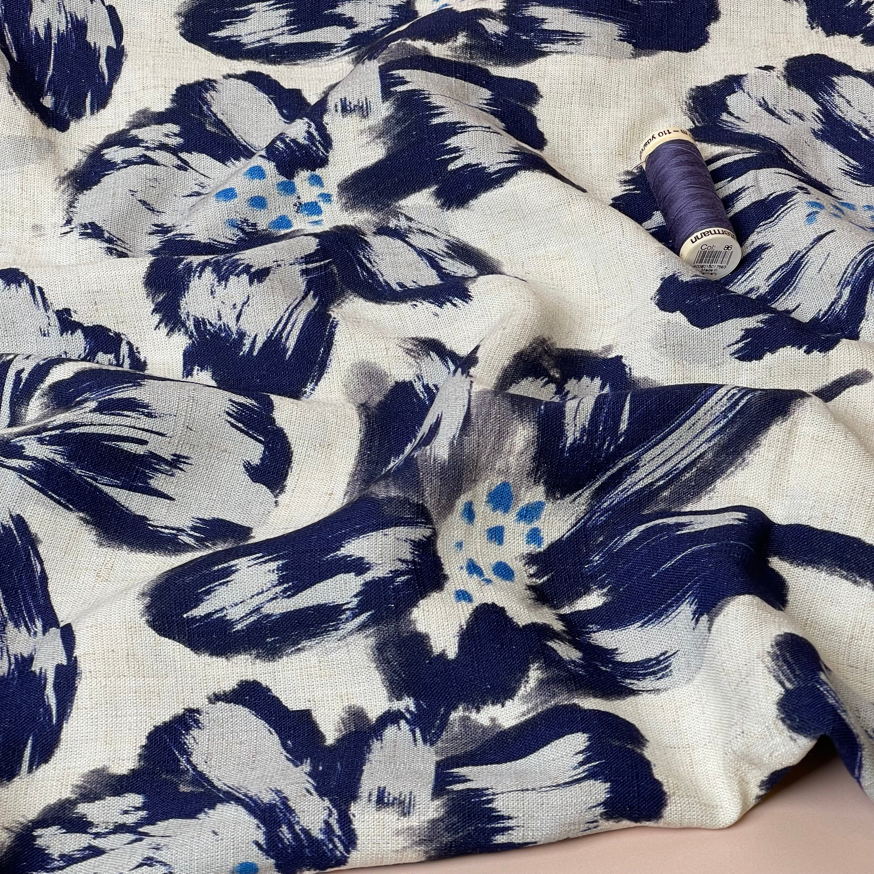 Large Navy Flowers Viscose Linen Fabric