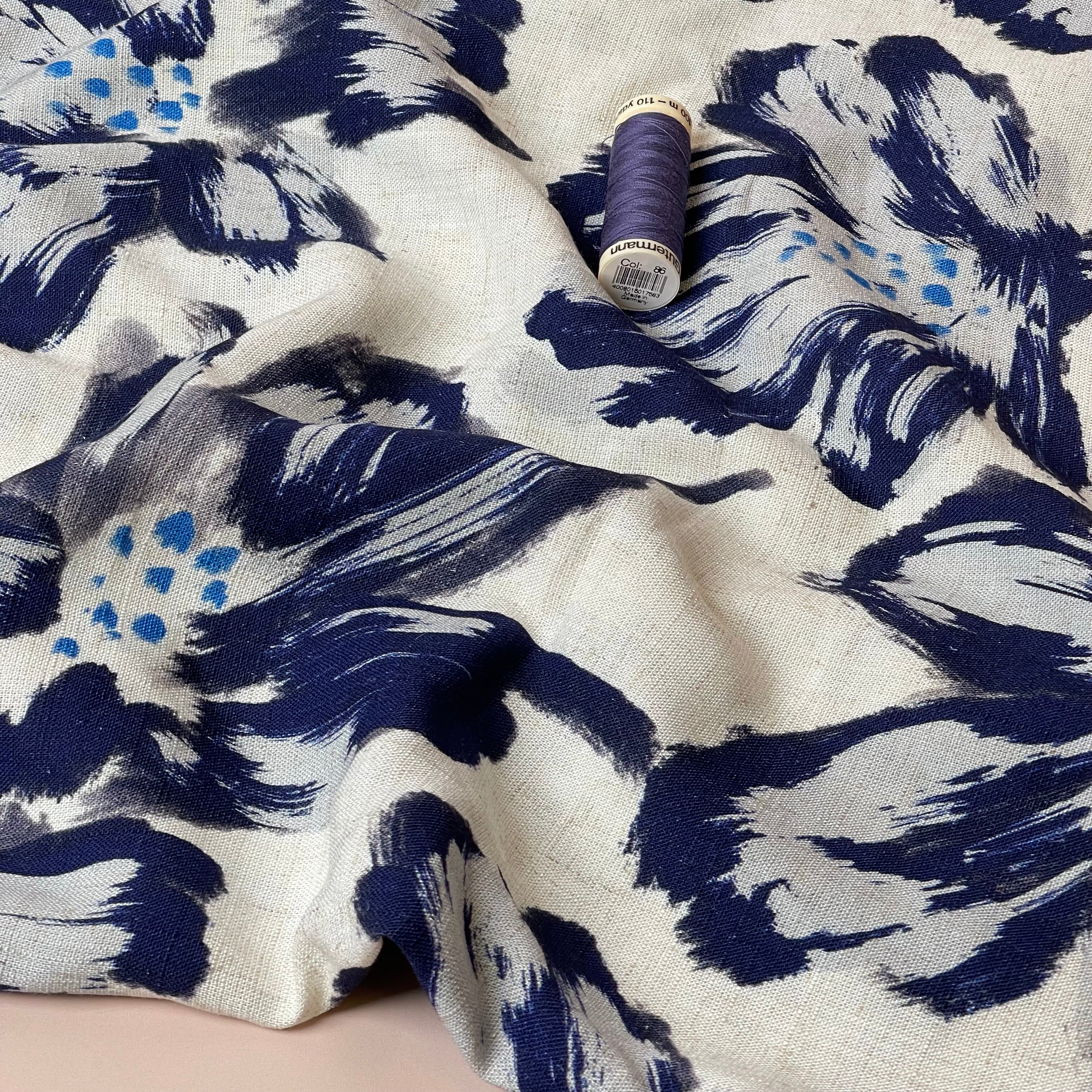 Large Navy Flowers Viscose Linen Fabric