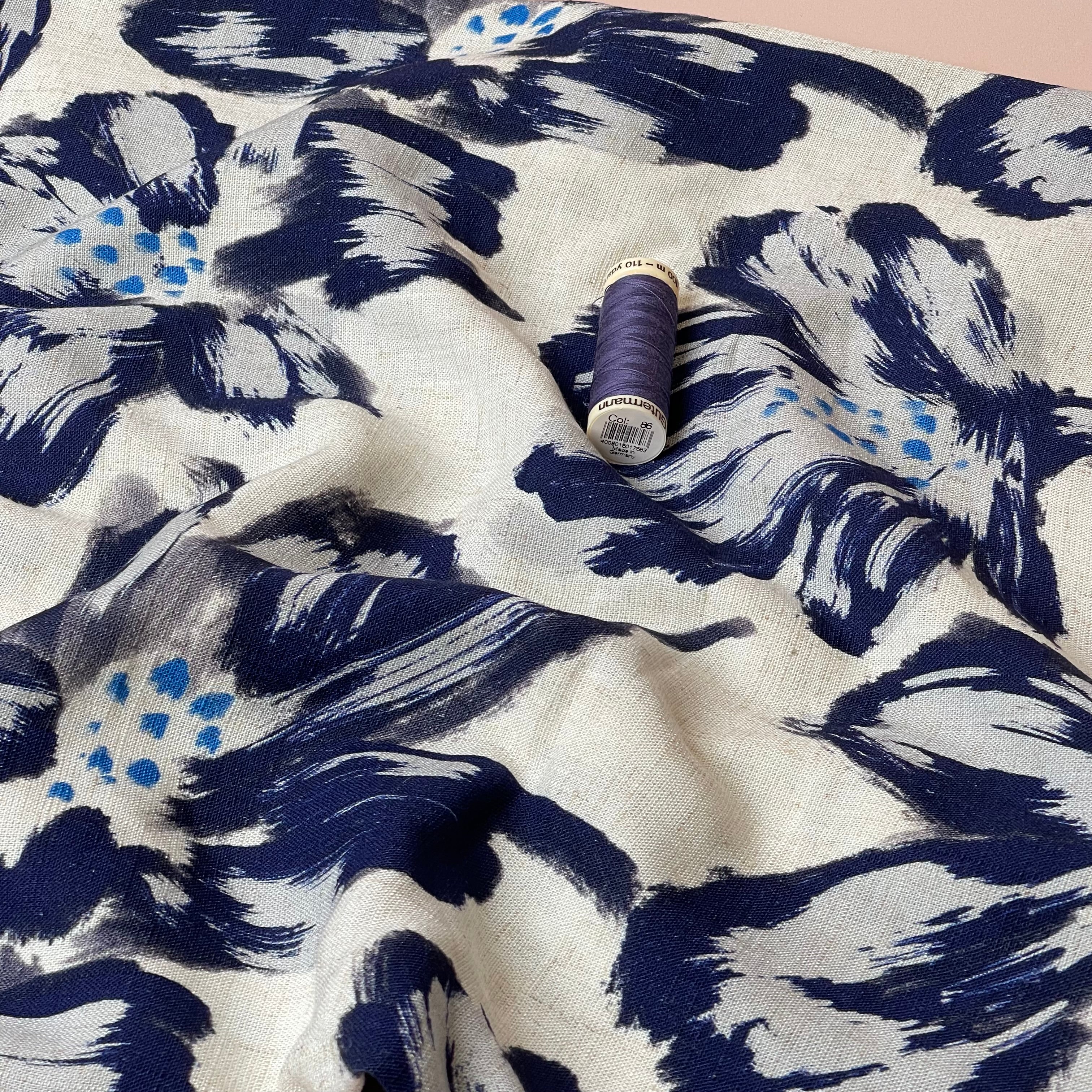 Large Navy Flowers Viscose Linen Fabric