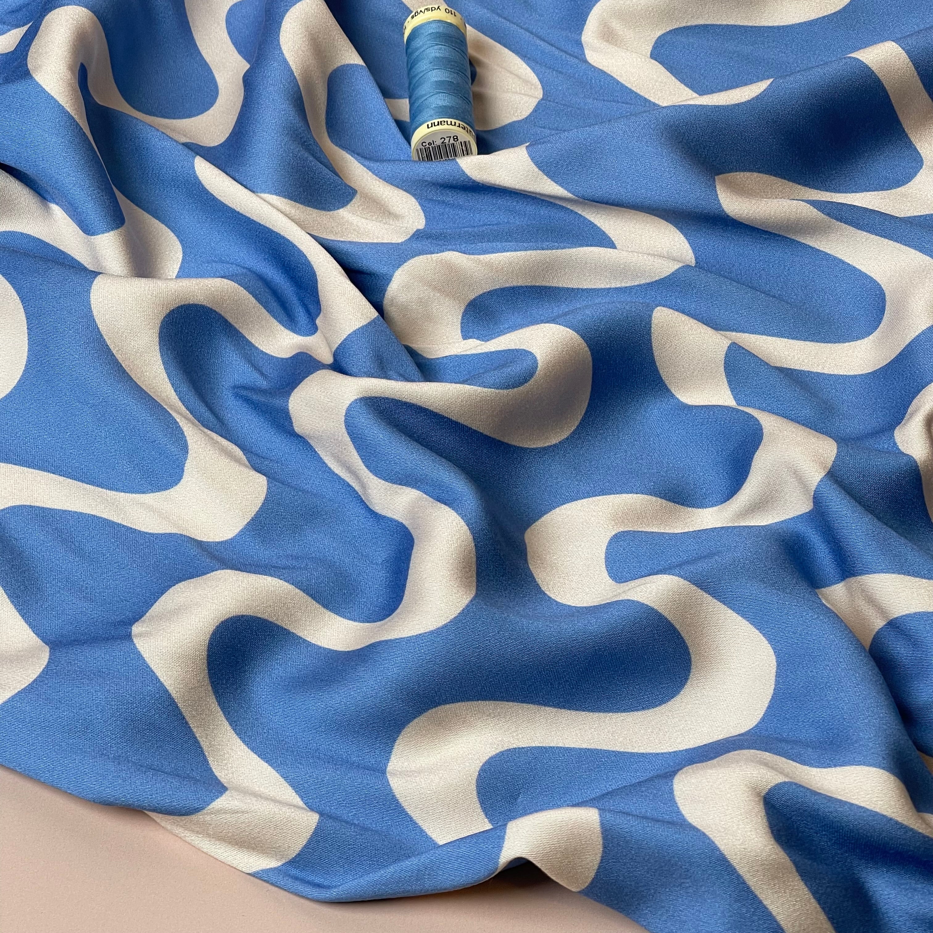 Waves Blue Viscose Sateen Fabric