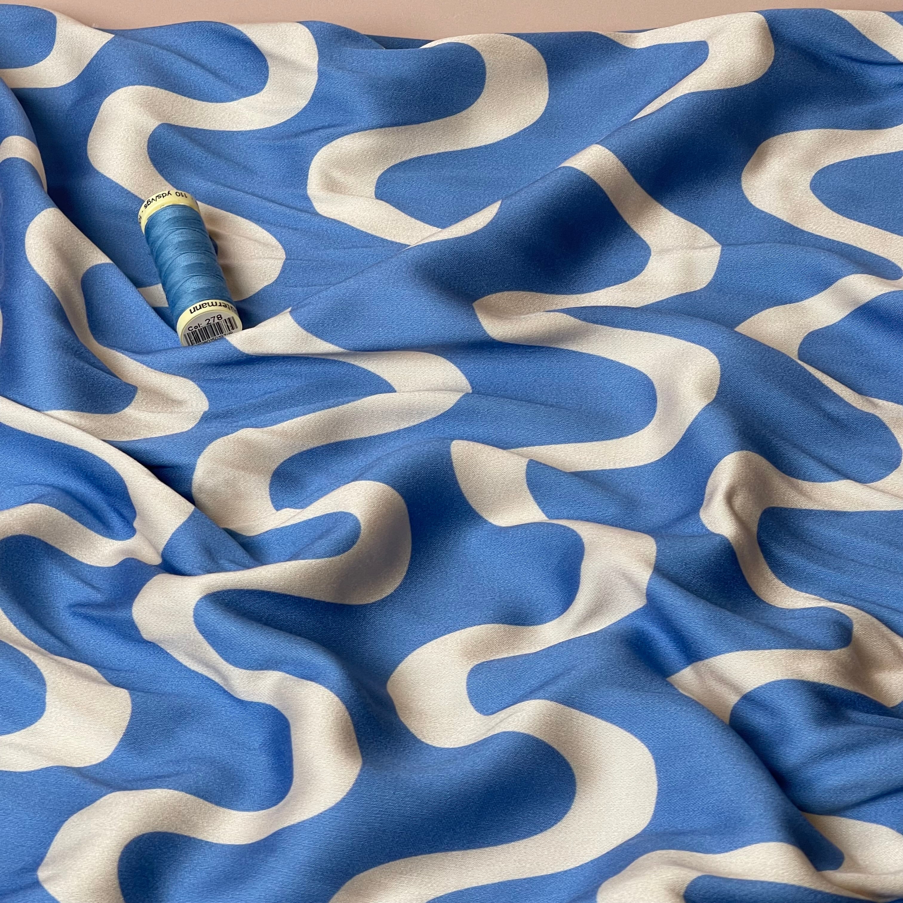 Waves Blue Viscose Sateen Fabric