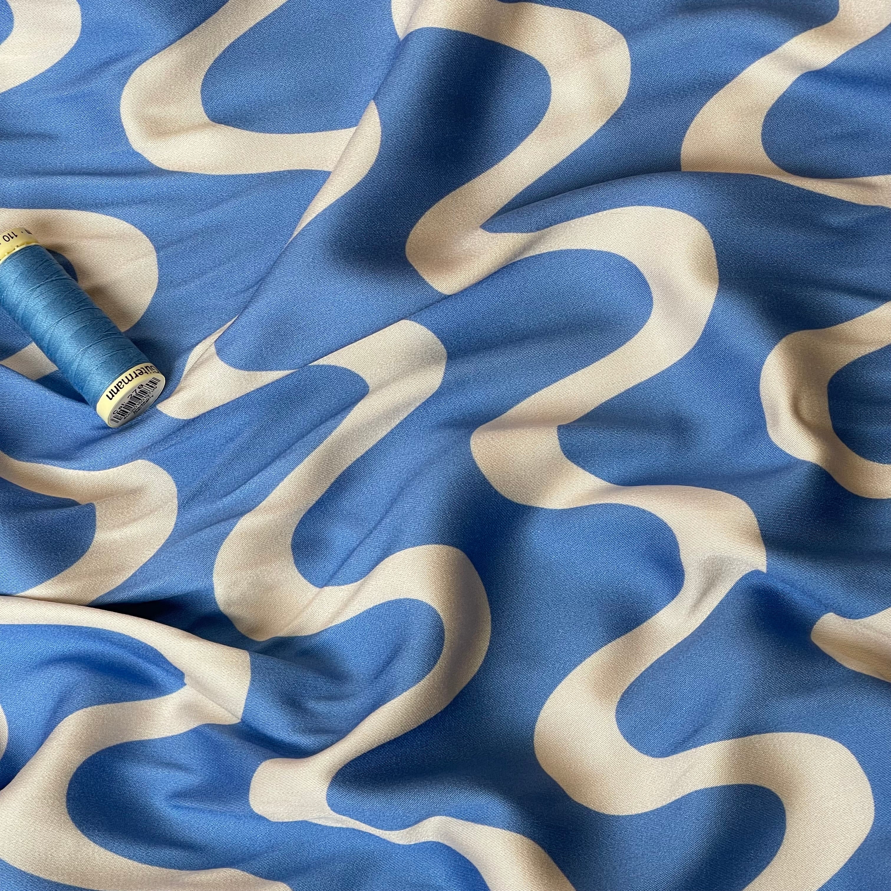 Waves Blue Viscose Sateen Fabric