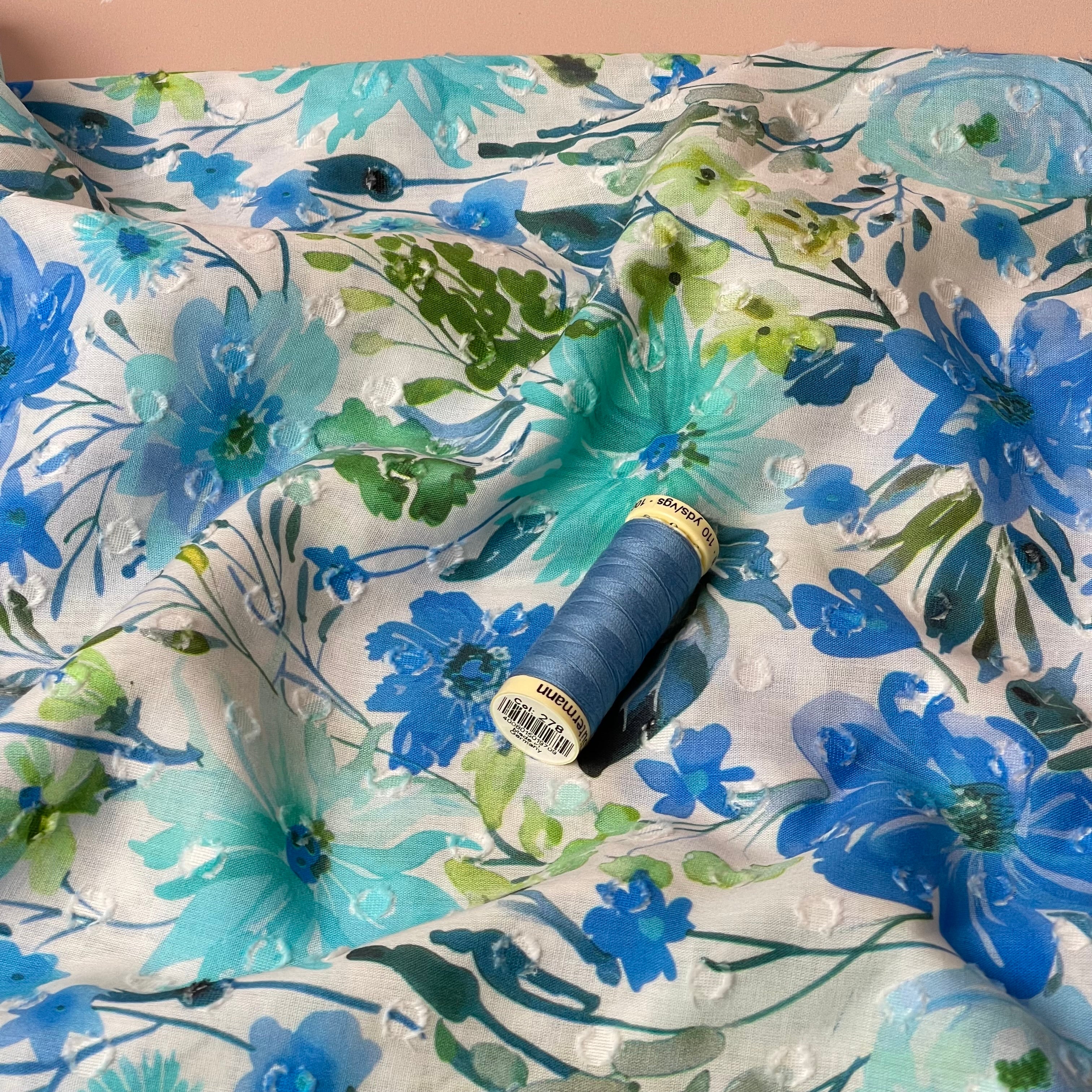 Meadow Flowers Blue Dobby Cotton Voil Fabric