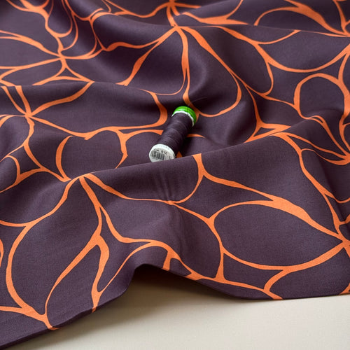Line Flowers in Deep Mahogany Cotton Sateen Fabric