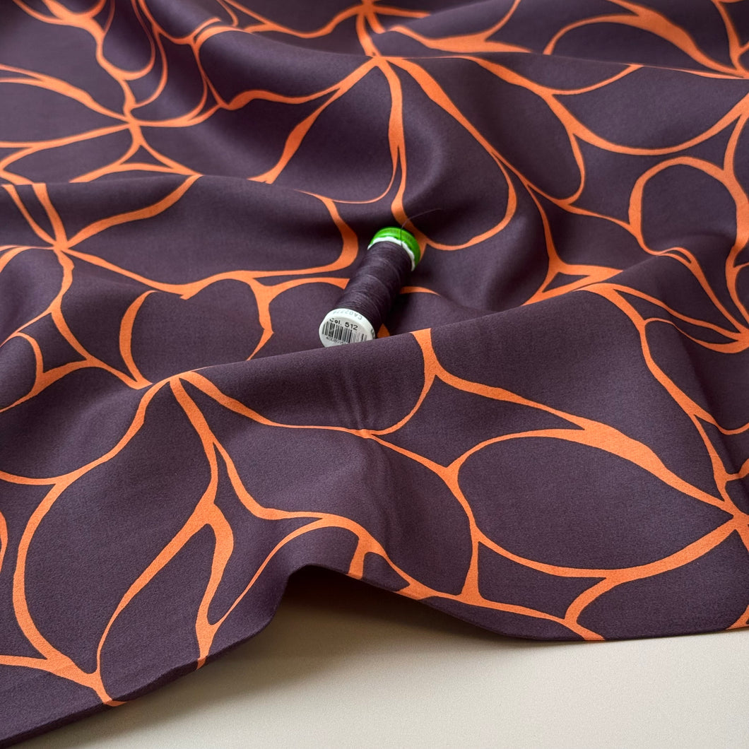 Line Flowers in Deep Mahogany Cotton Sateen Fabric
