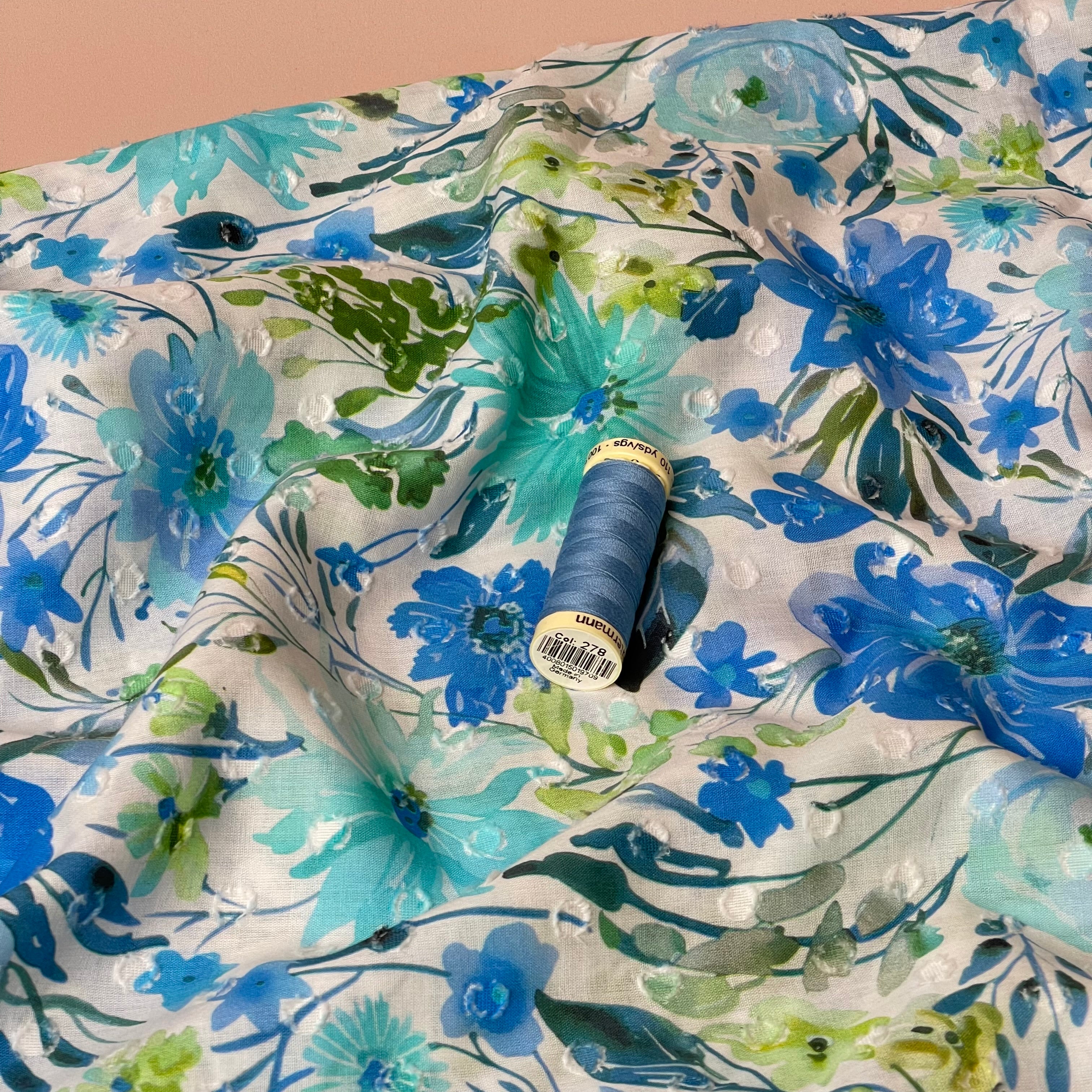 Meadow Flowers Blue Dobby Cotton Voil Fabric