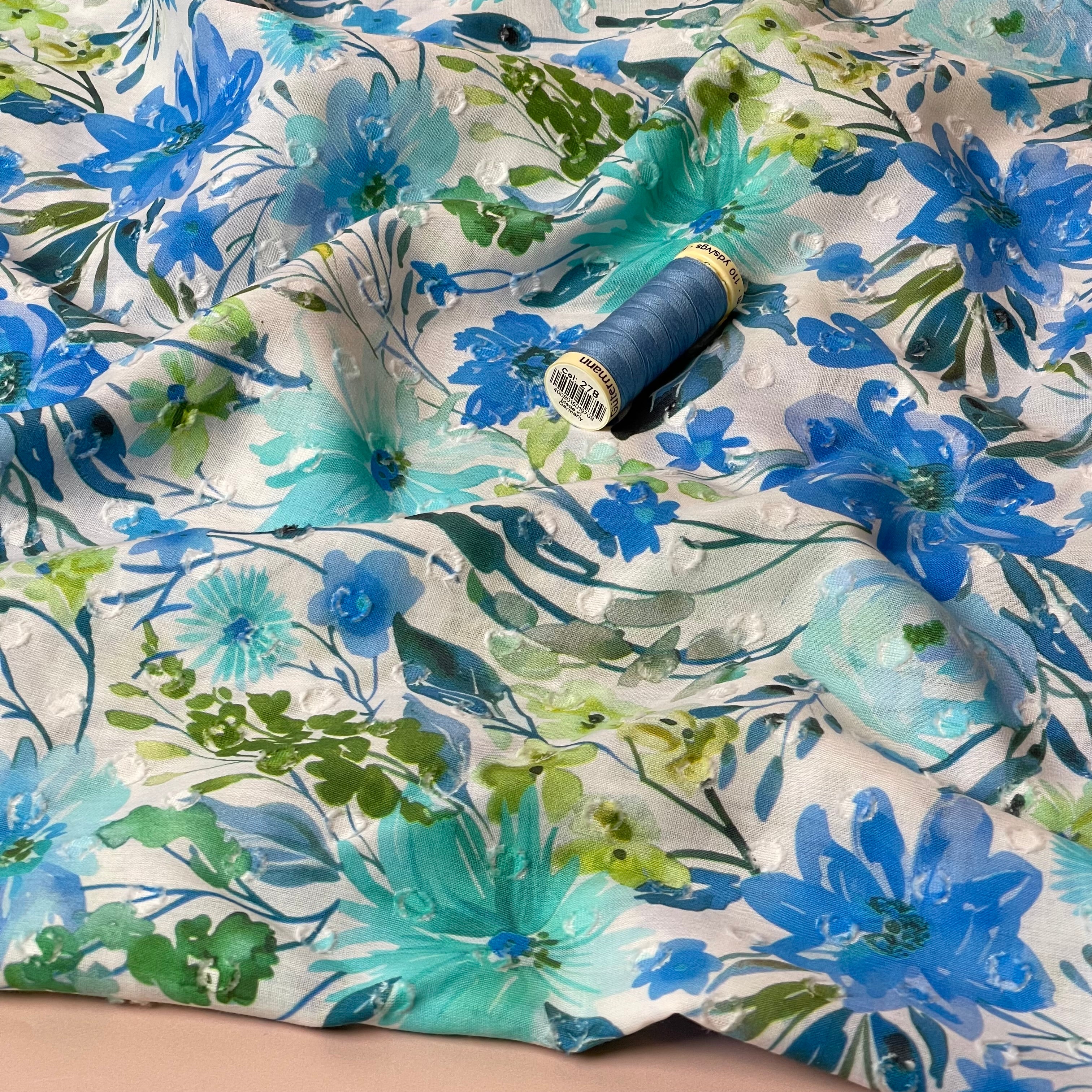 Meadow Flowers Blue Dobby Cotton Voil Fabric