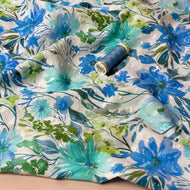 REMNANT 0.8 Metre - Meadow Flowers Blue Dobby Cotton Voil Fabric
