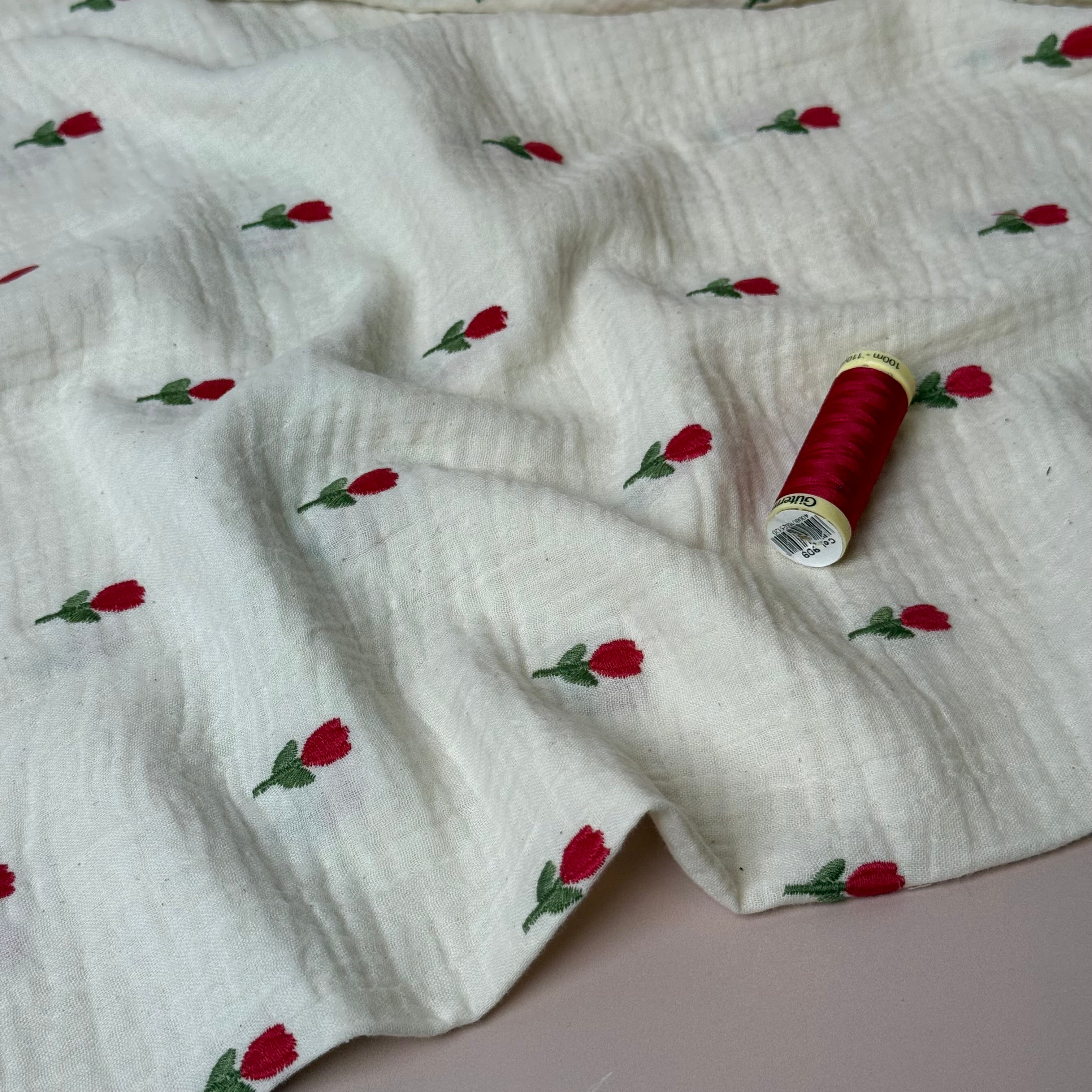 Embroidered Tulips on Natural Cotton Double Gauze