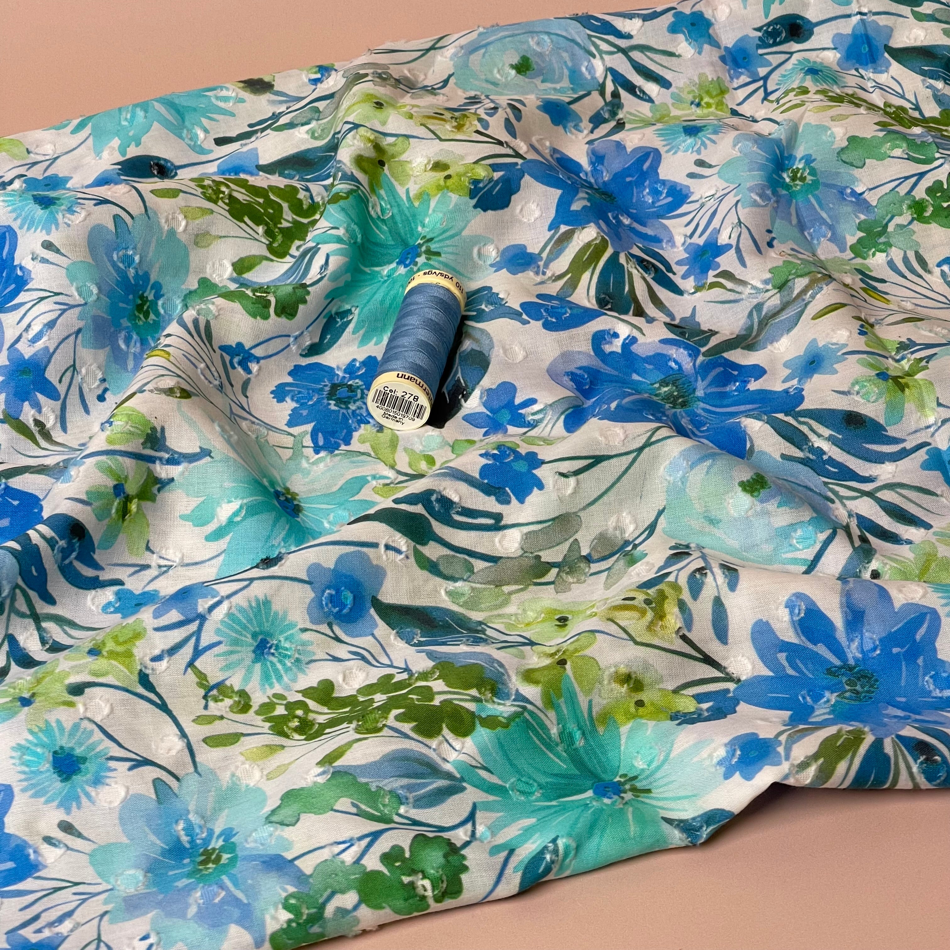 Meadow Flowers Blue Dobby Cotton Voil Fabric