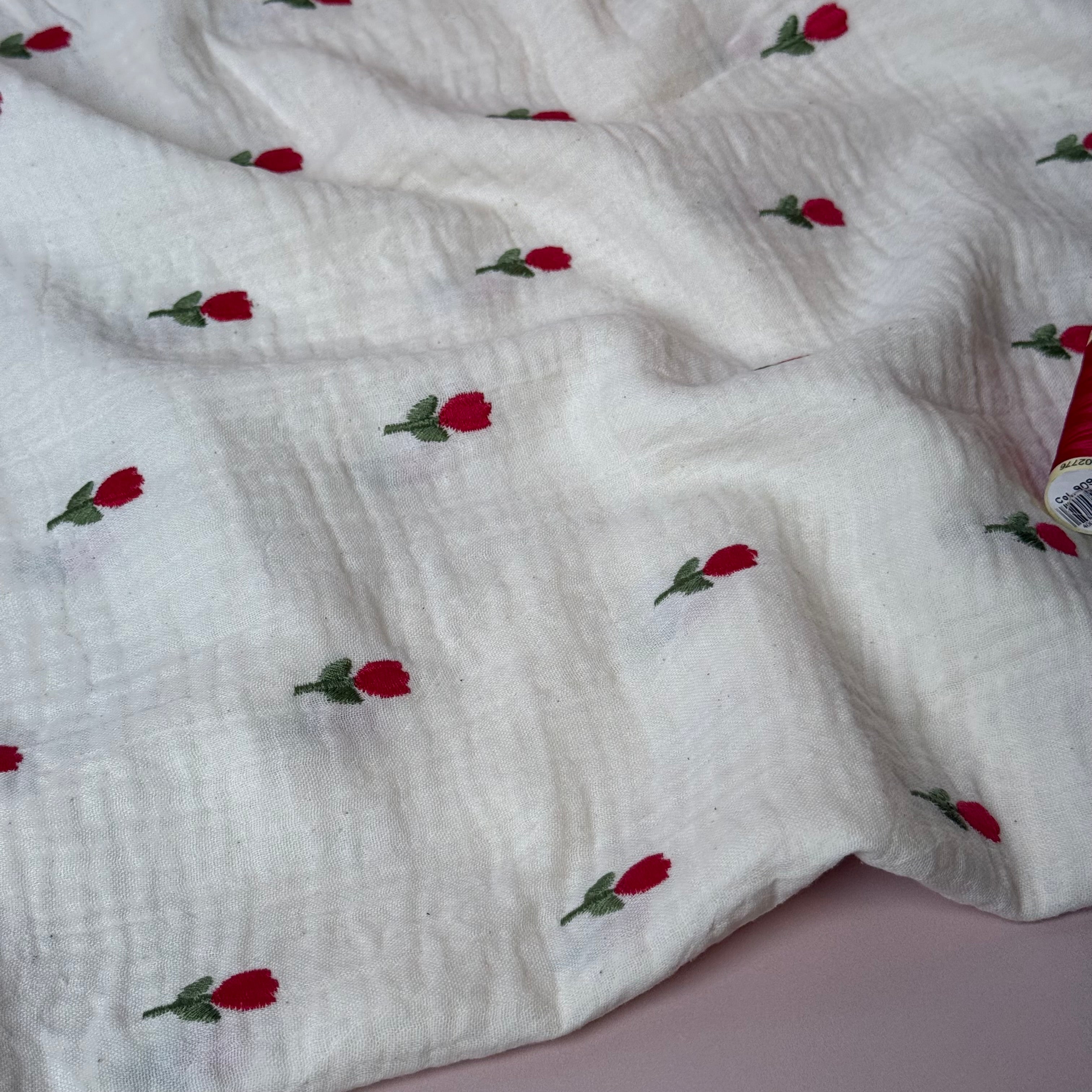 Embroidered Tulips on Natural Cotton Double Gauze