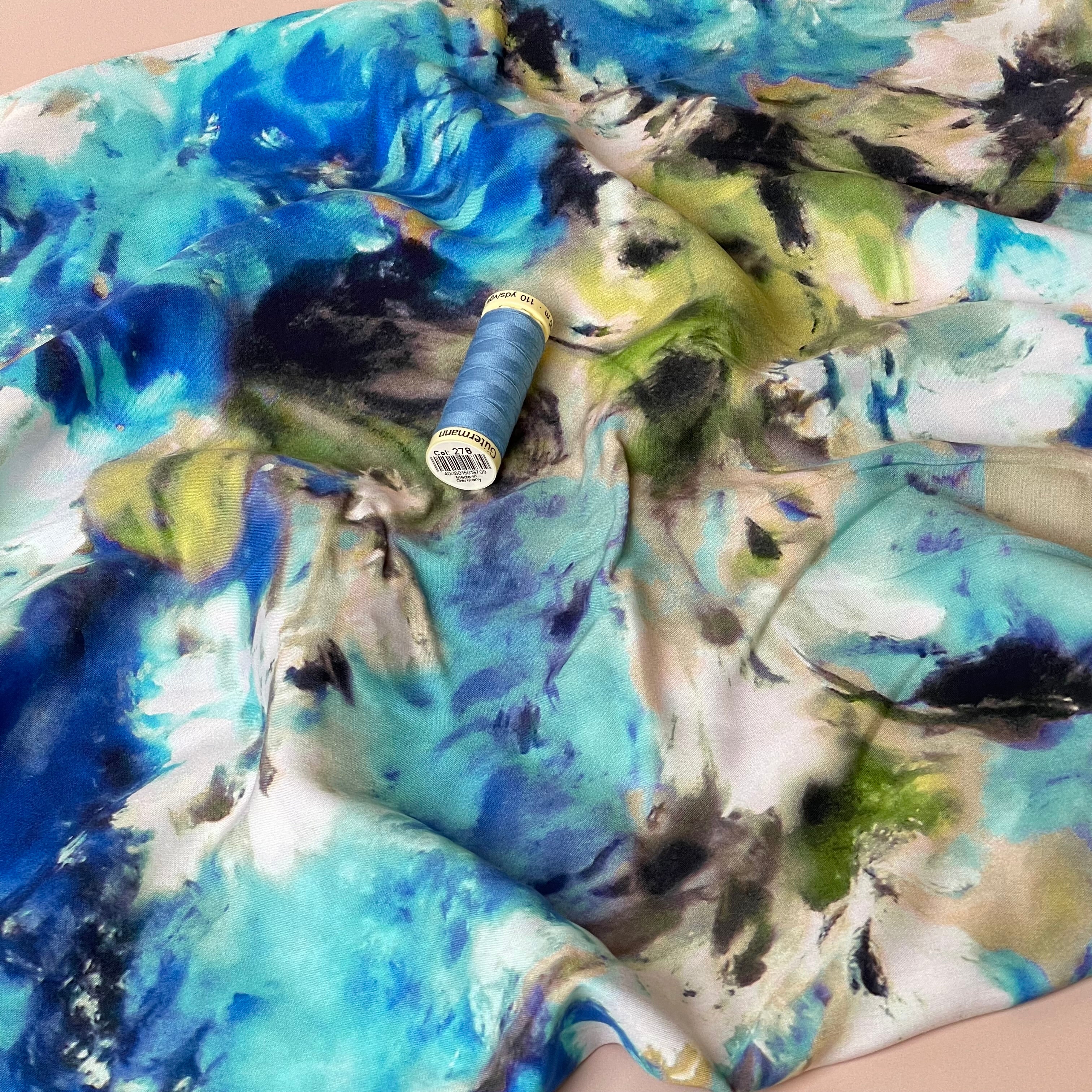 Abstract Watercolour Florals Ocean Viscose Poplin Fabric