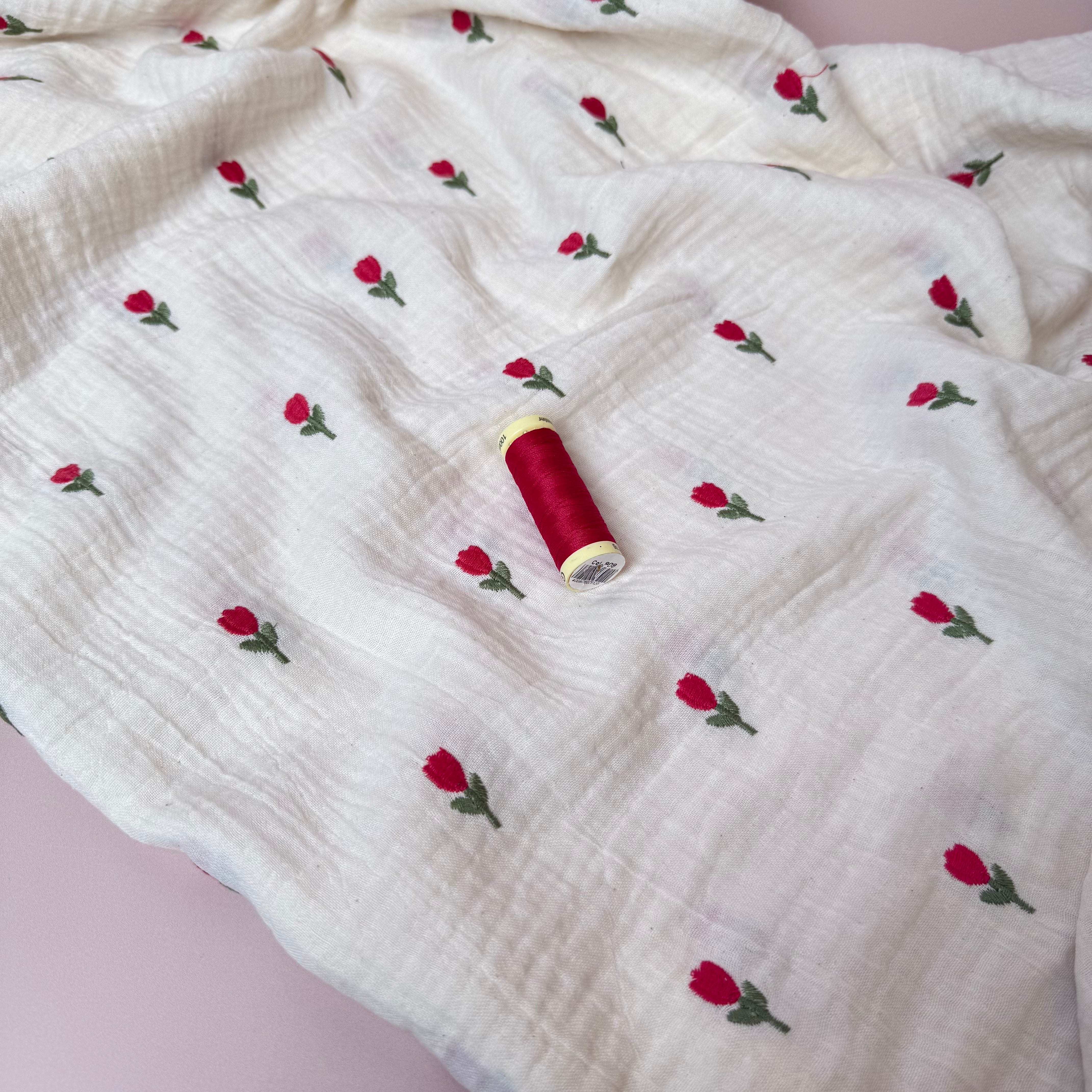 Embroidered Tulips on Natural Cotton Double Gauze