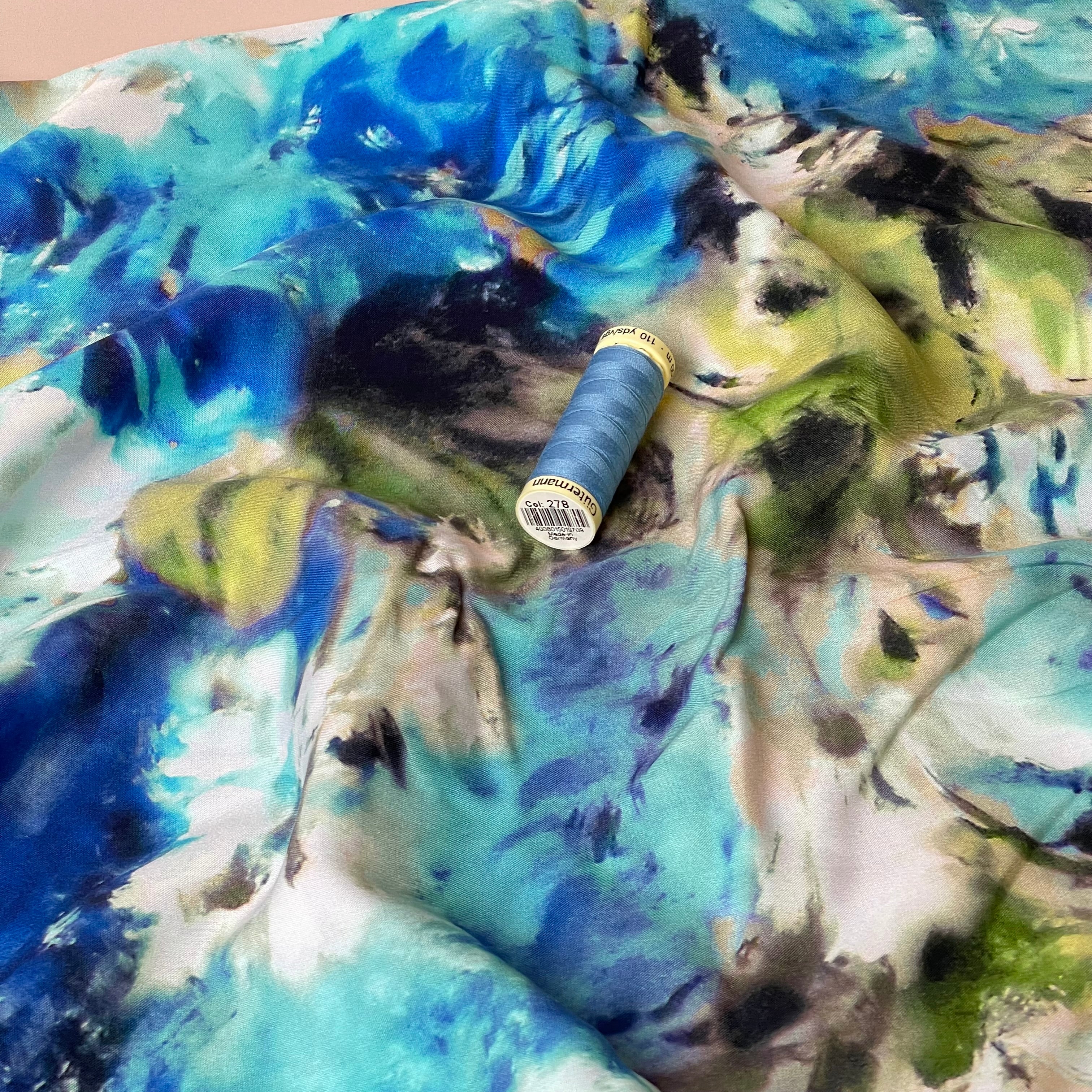 Abstract Watercolour Florals Ocean Viscose Poplin Fabric