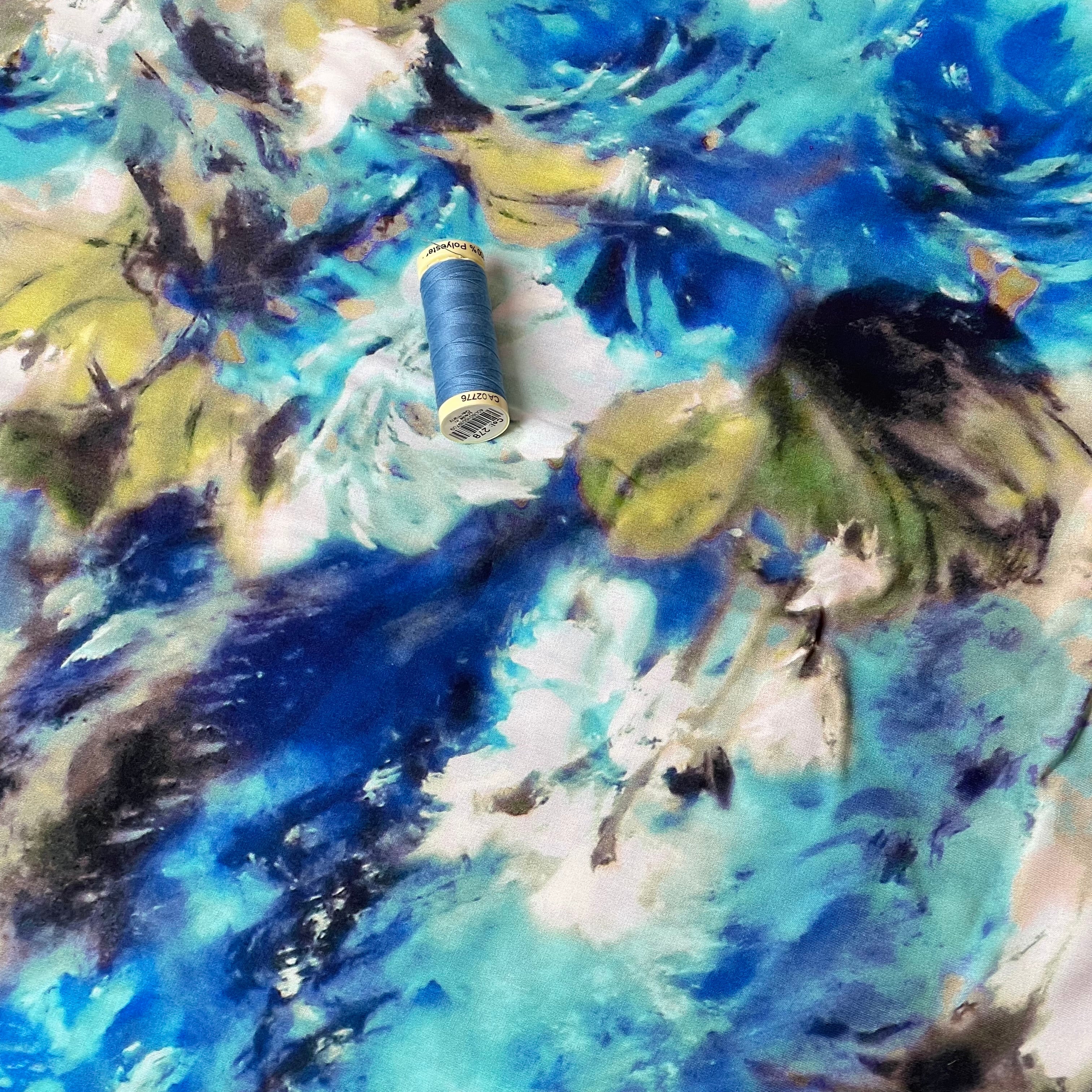 Abstract Watercolour Florals Ocean Viscose Poplin Fabric