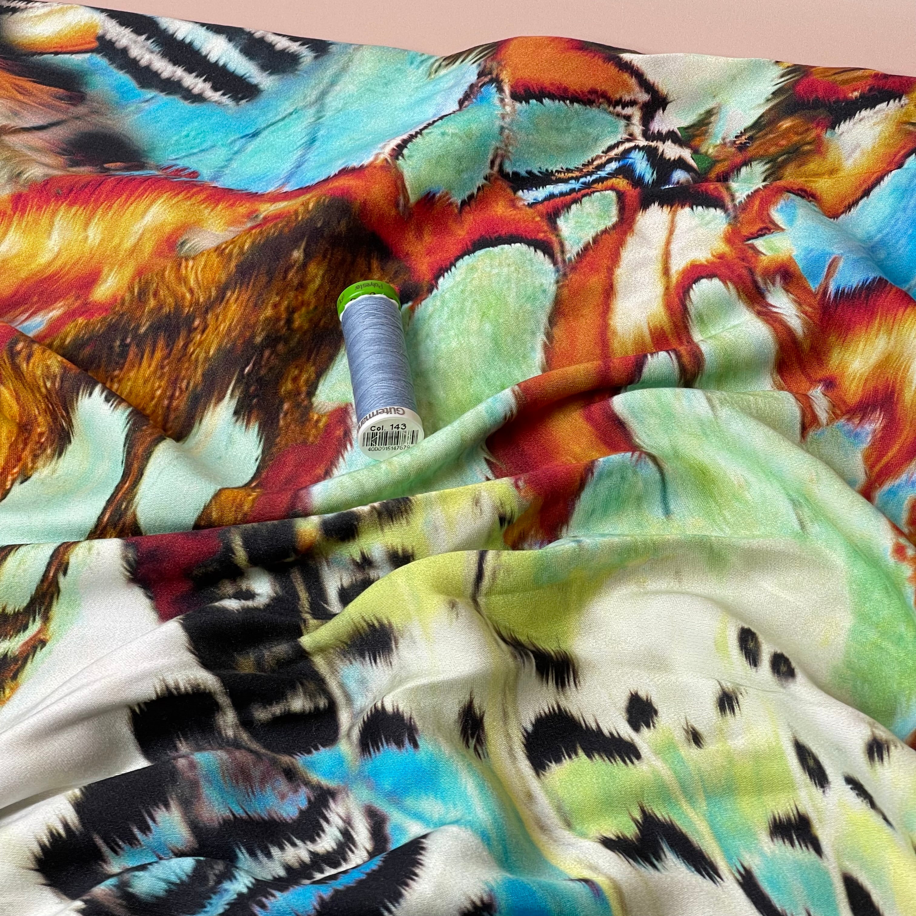 Bold Butterfly Green & Rust Viscose Sateen Fabric