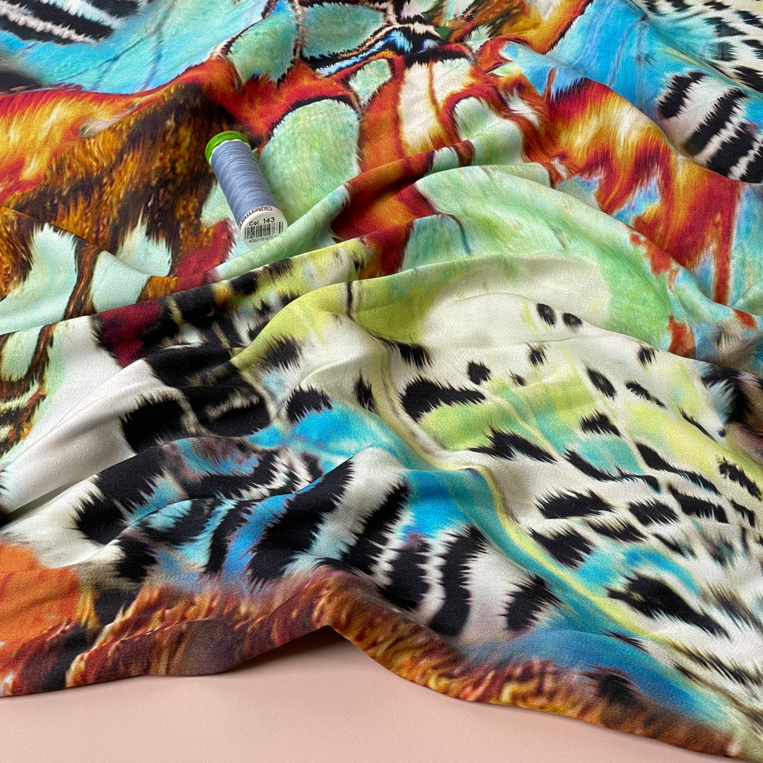 Bold Butterfly Green & Rust Viscose Sateen Fabric