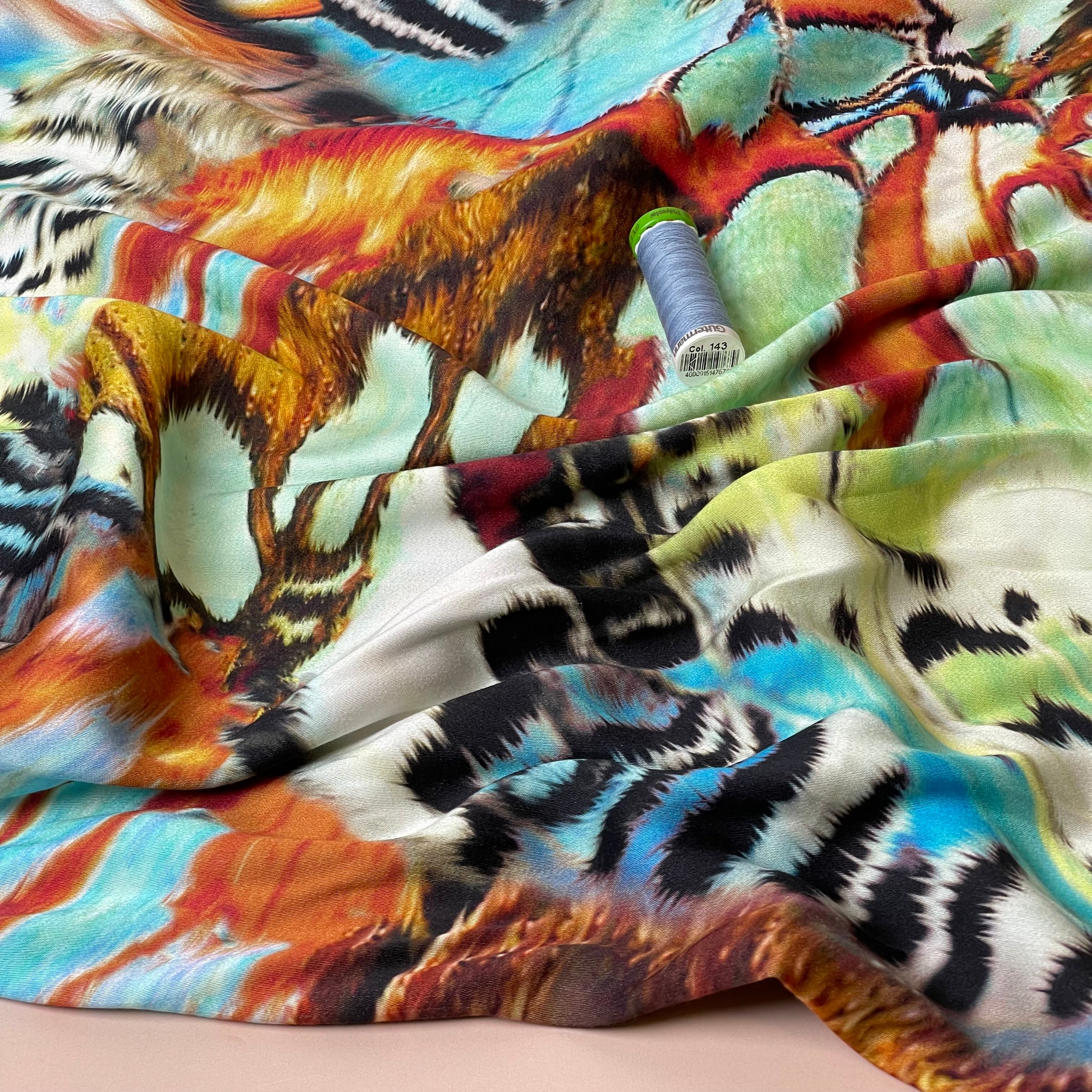 Bold Butterfly Green & Rust Viscose Sateen Fabric