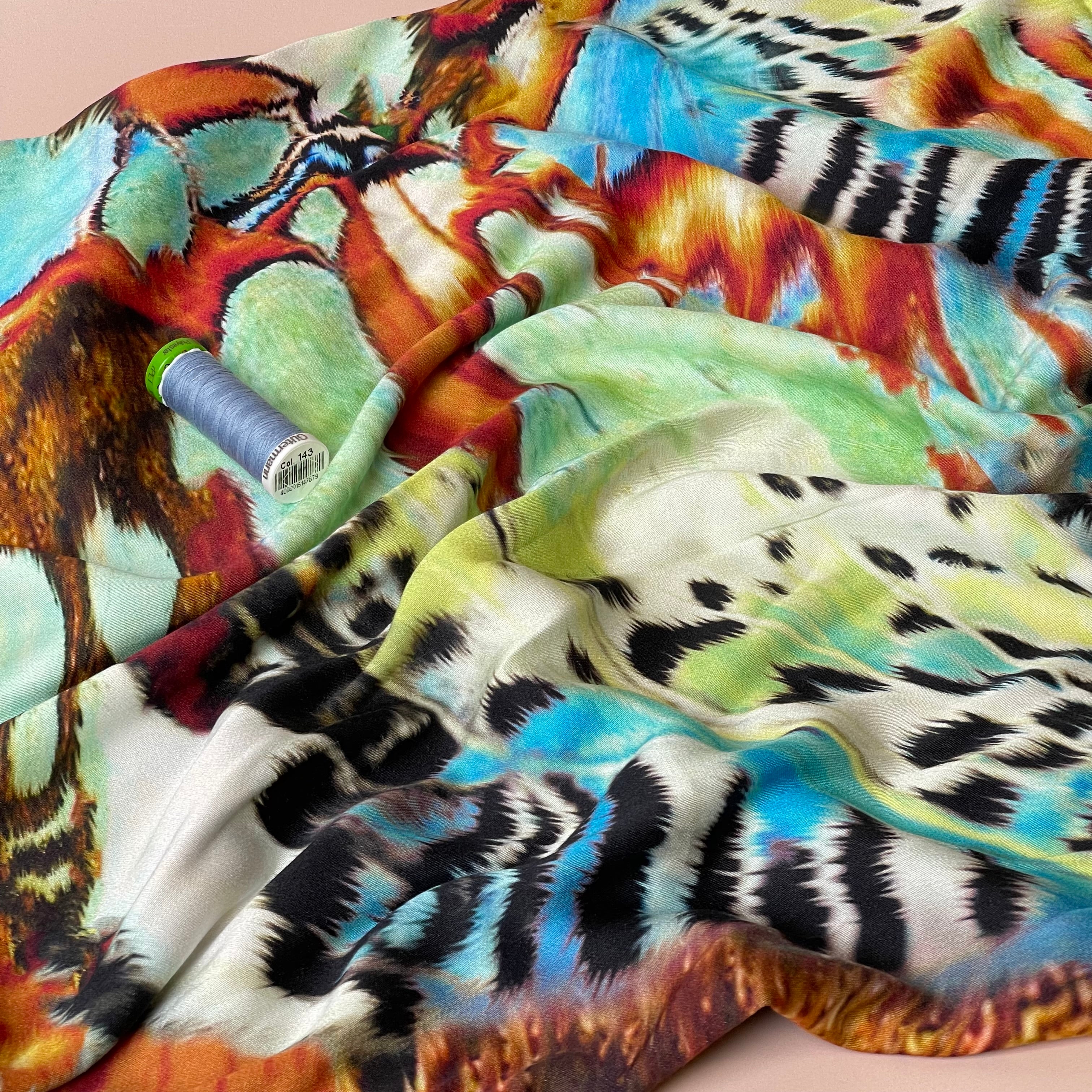 Bold Butterfly Green & Rust Viscose Sateen Fabric