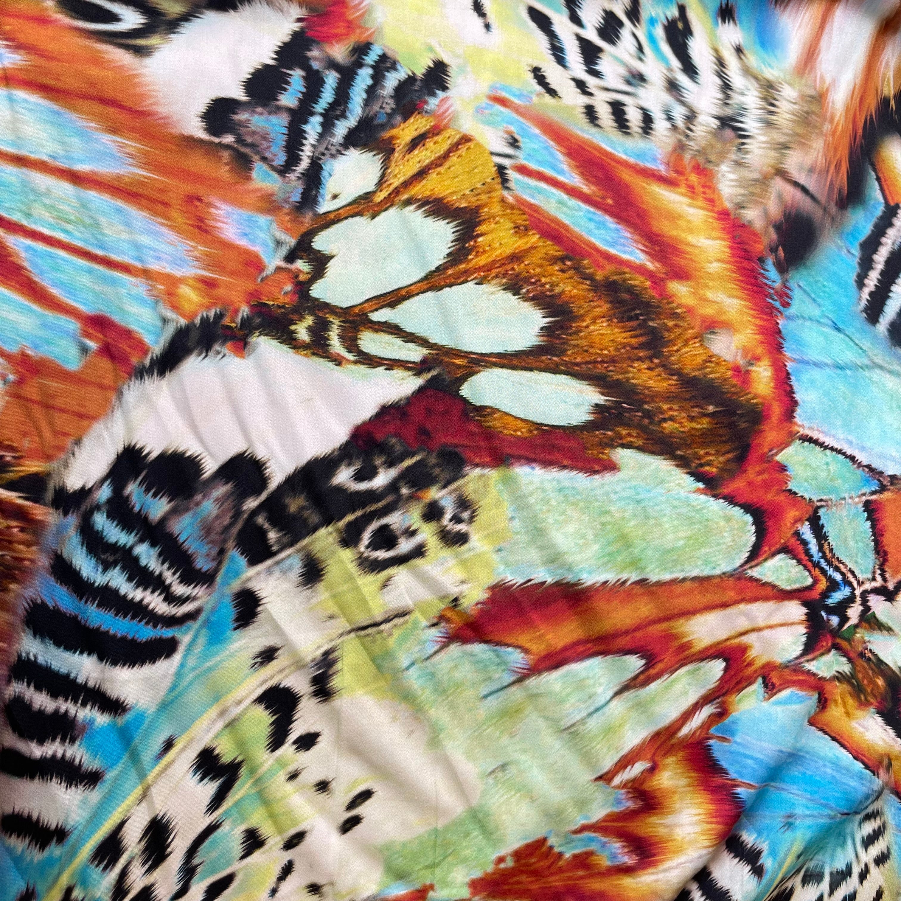 Bold Butterfly Green & Rust Viscose Sateen Fabric