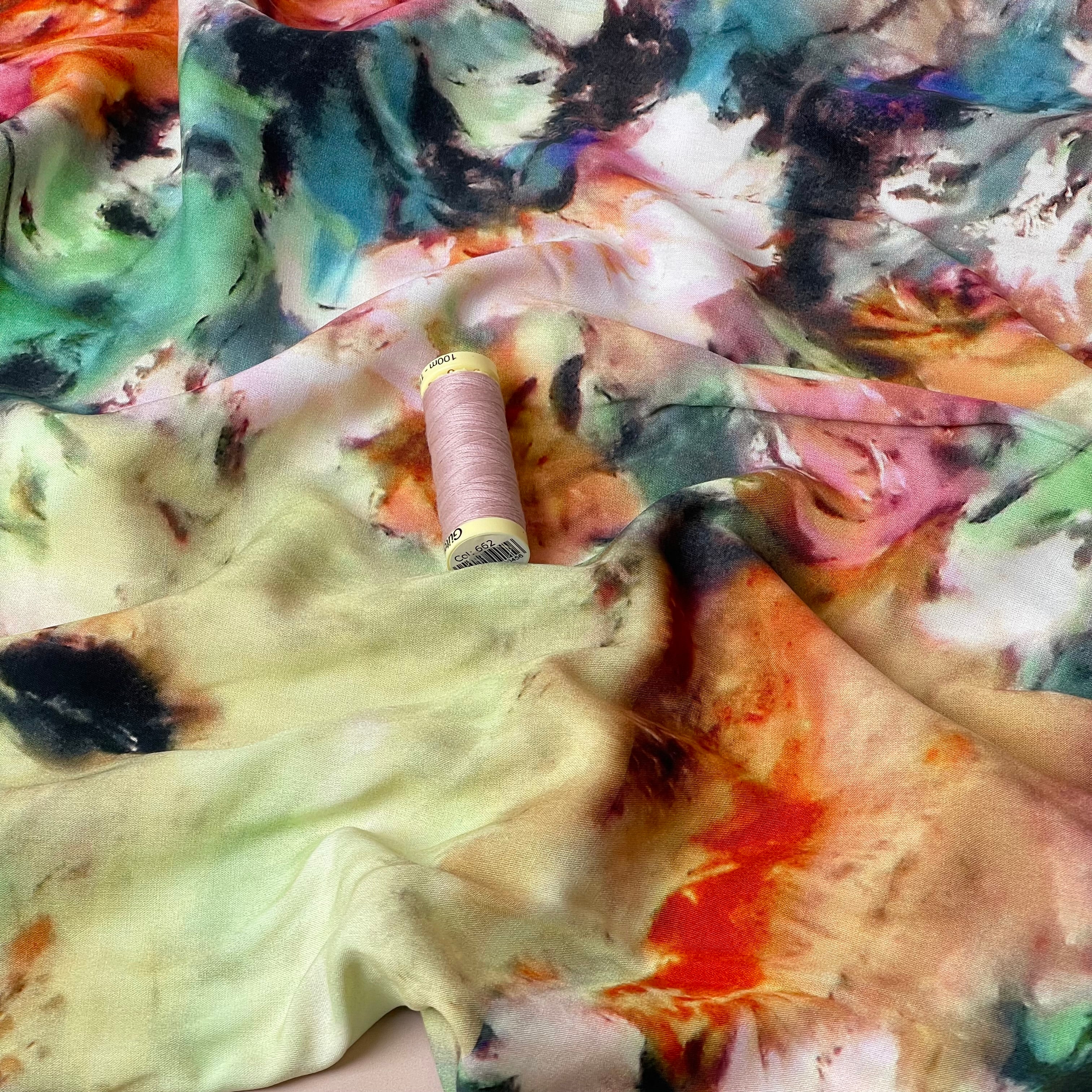 Abstract Watercolour Florals Orange Viscose Poplin Fabric