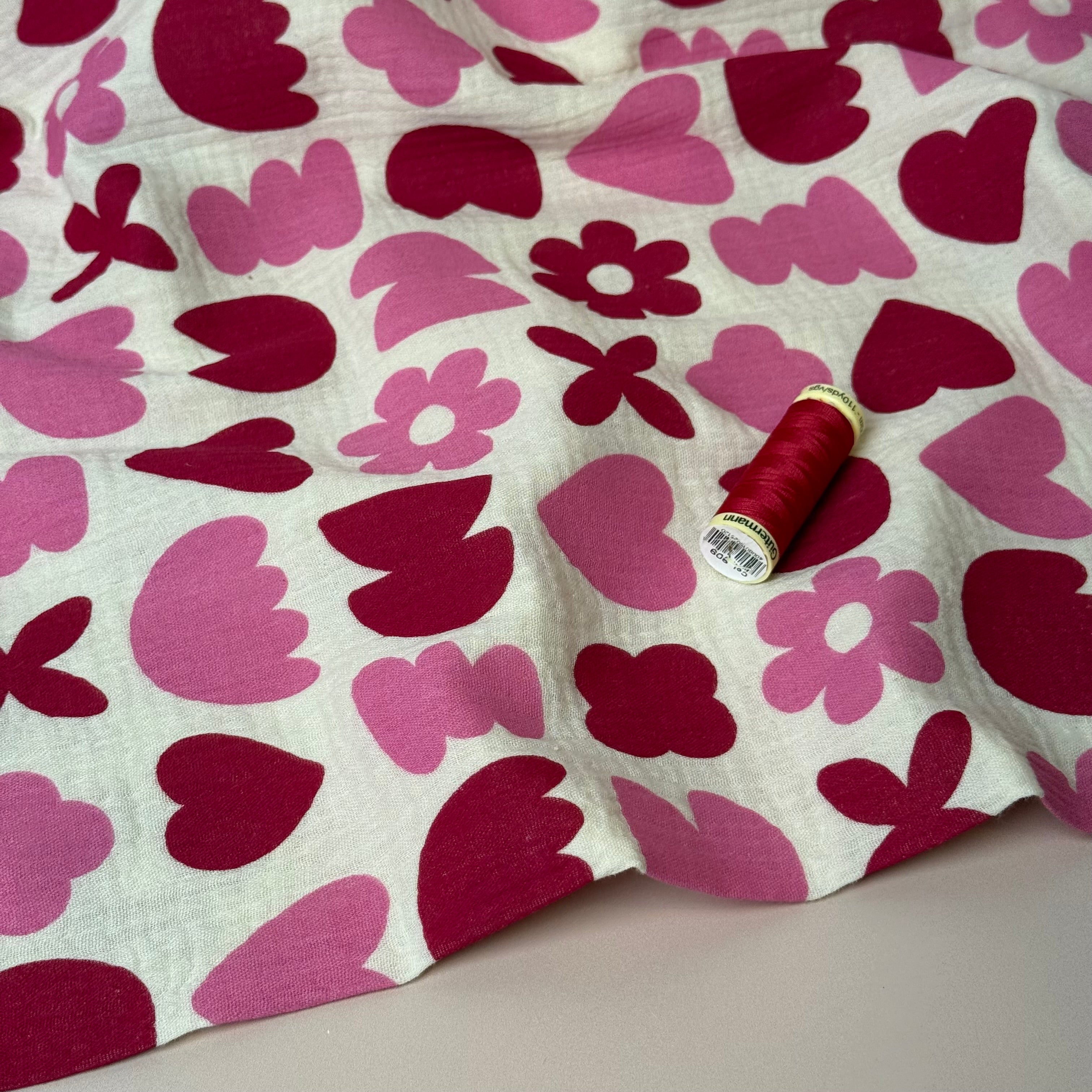 Pink Flowers & Hearts GOTS Organic Double Gauze