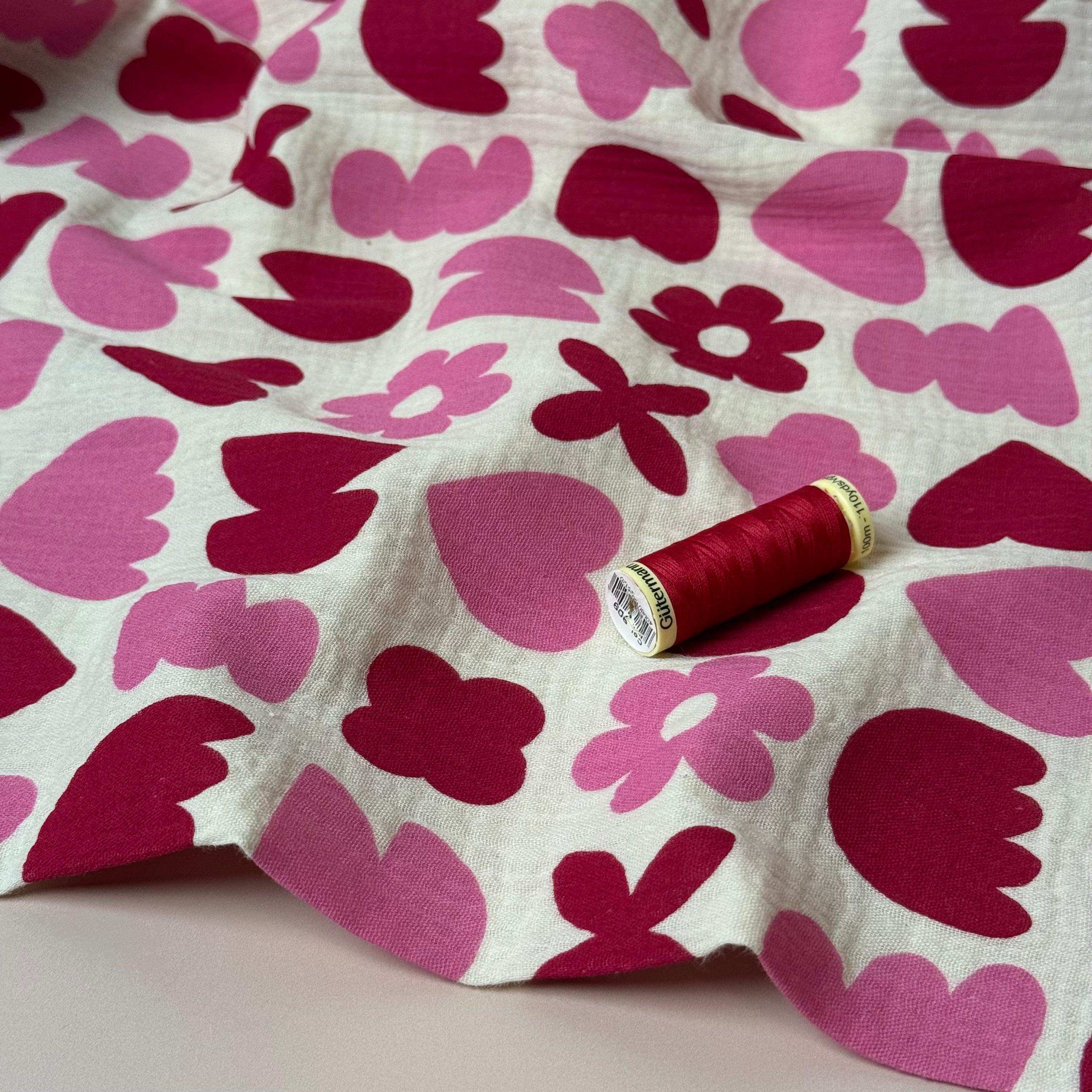 Pink Flowers & Hearts GOTS Organic Double Gauze