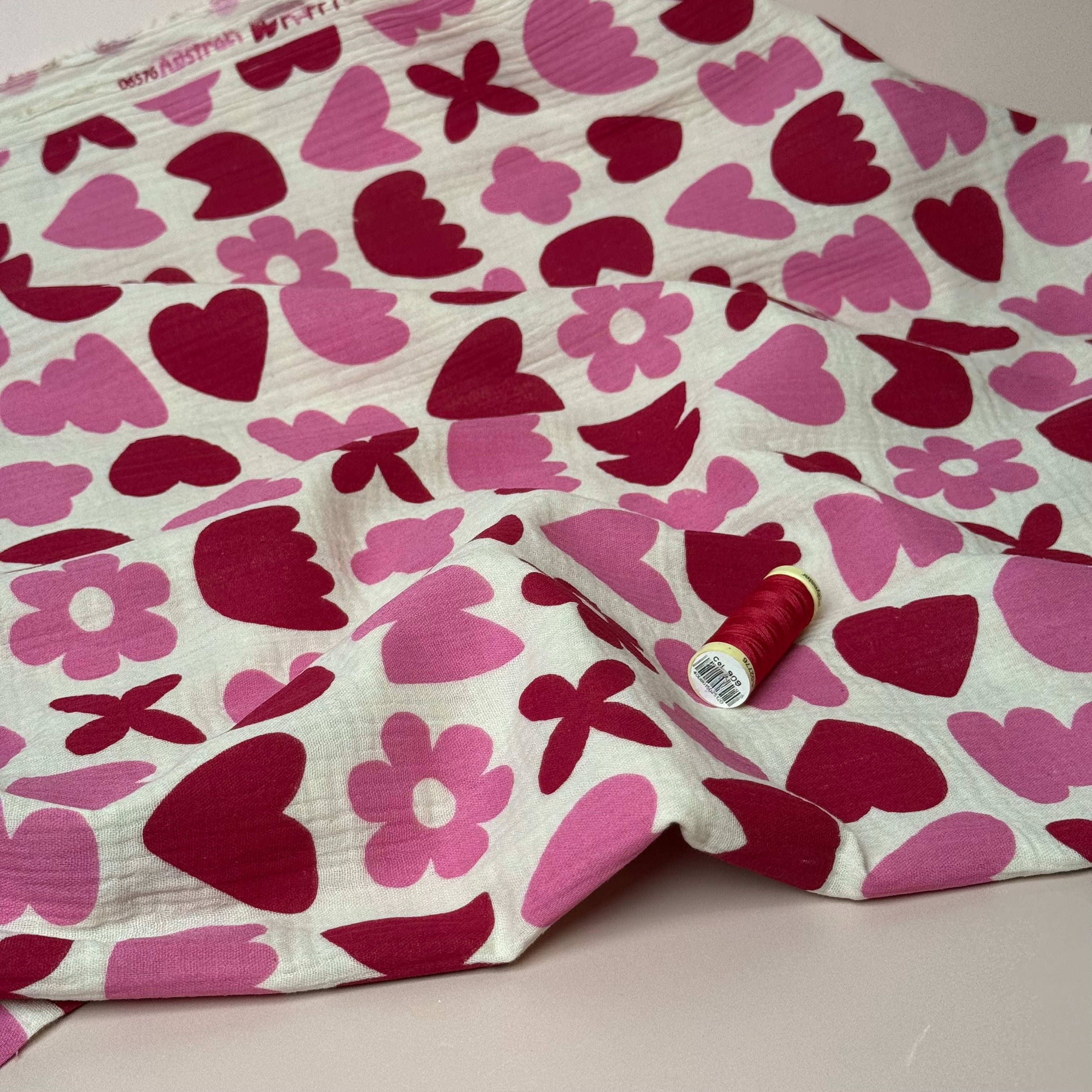 Pink Flowers & Hearts GOTS Organic Double Gauze