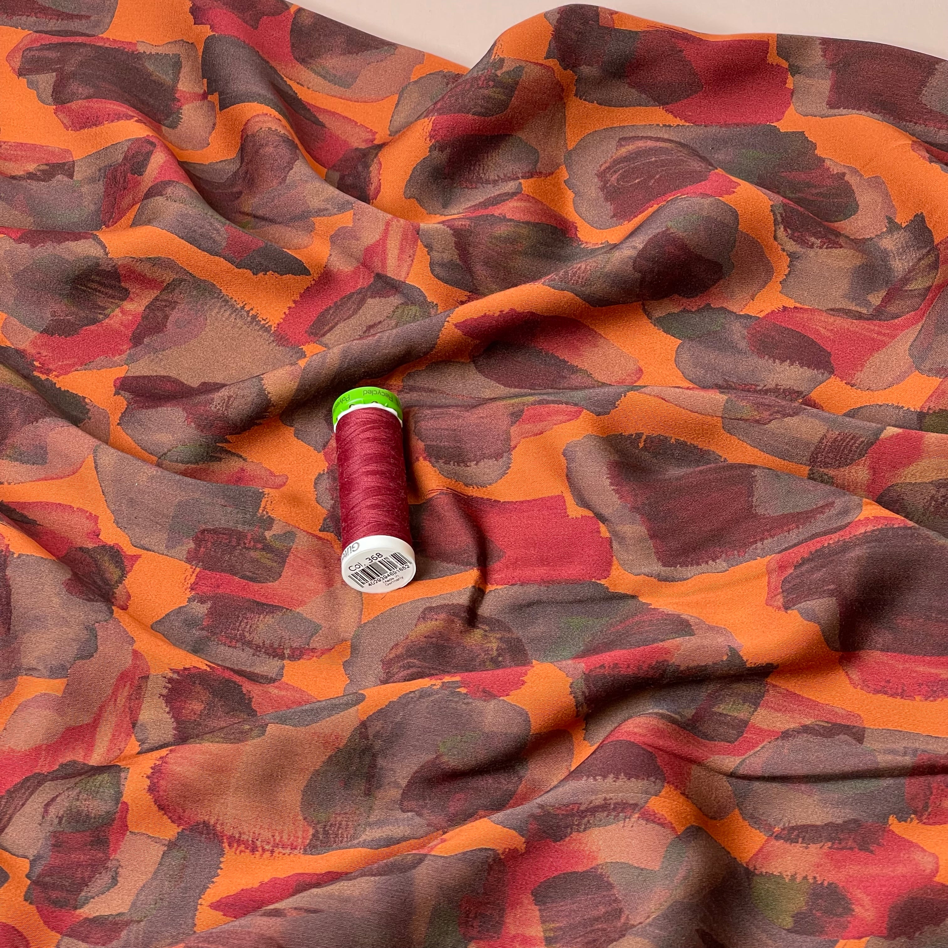 Burnt Ornage Painted Shapes Viscose Sateen Fabric