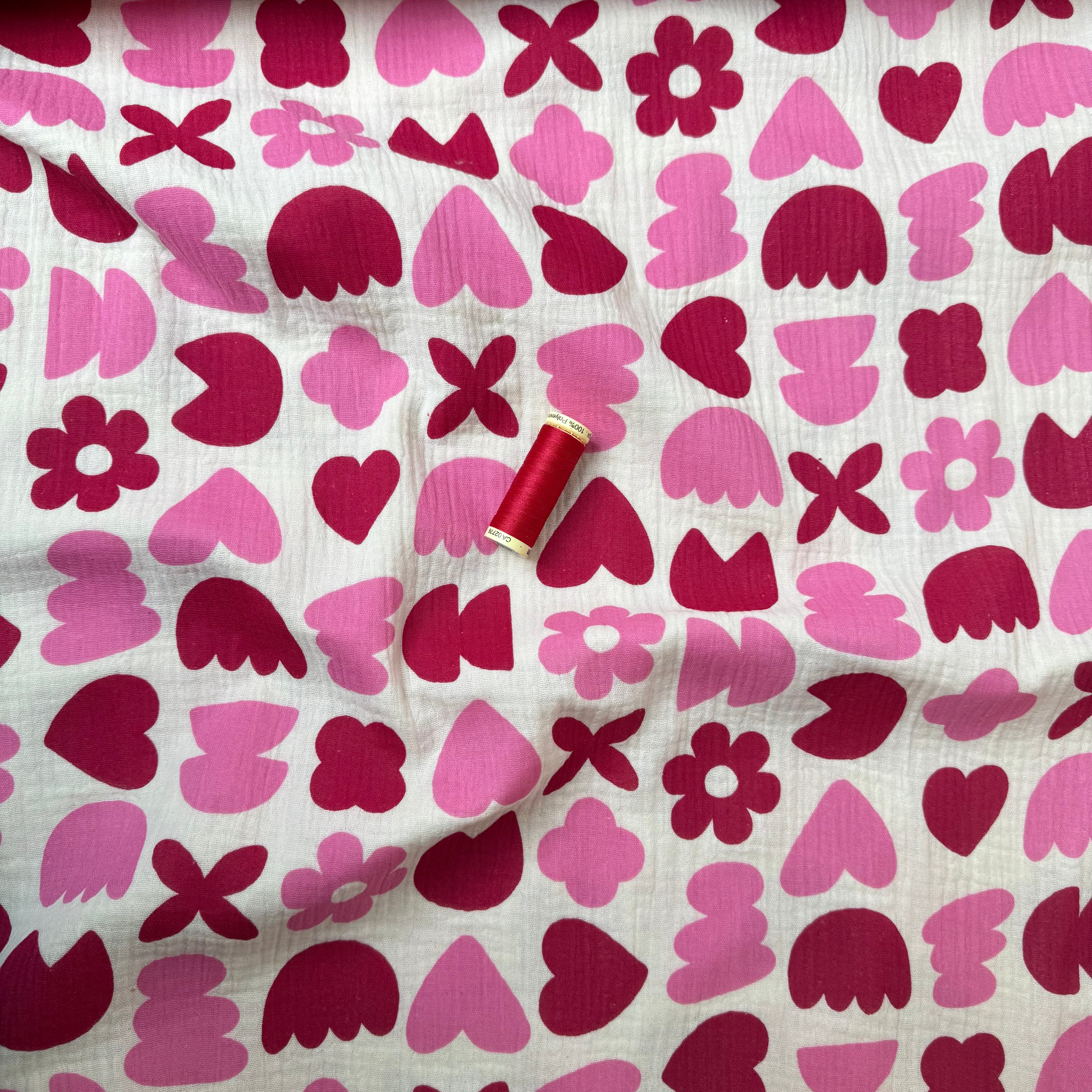 Pink Flowers & Hearts GOTS Organic Double Gauze