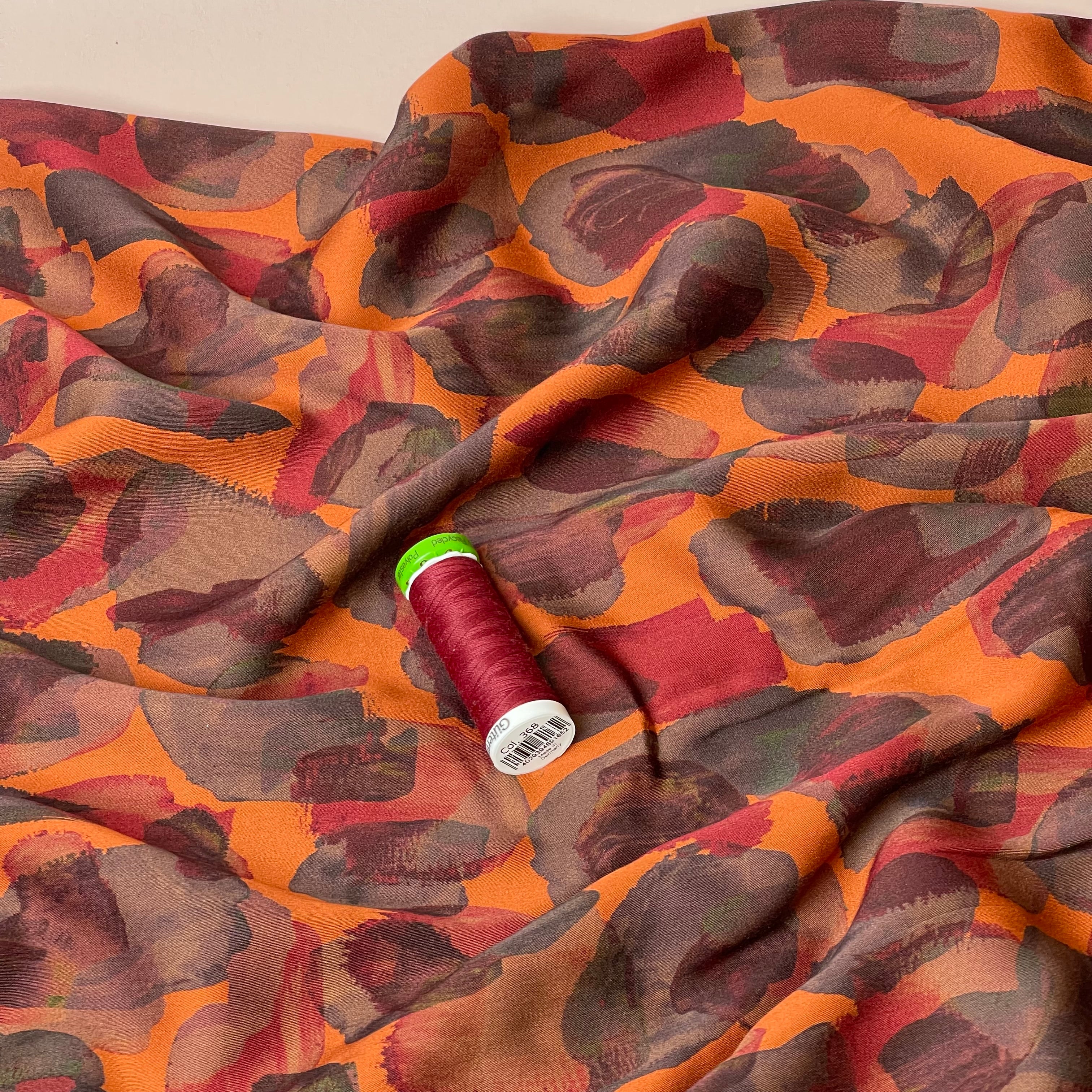 Burnt Ornage Painted Shapes Viscose Sateen Fabric