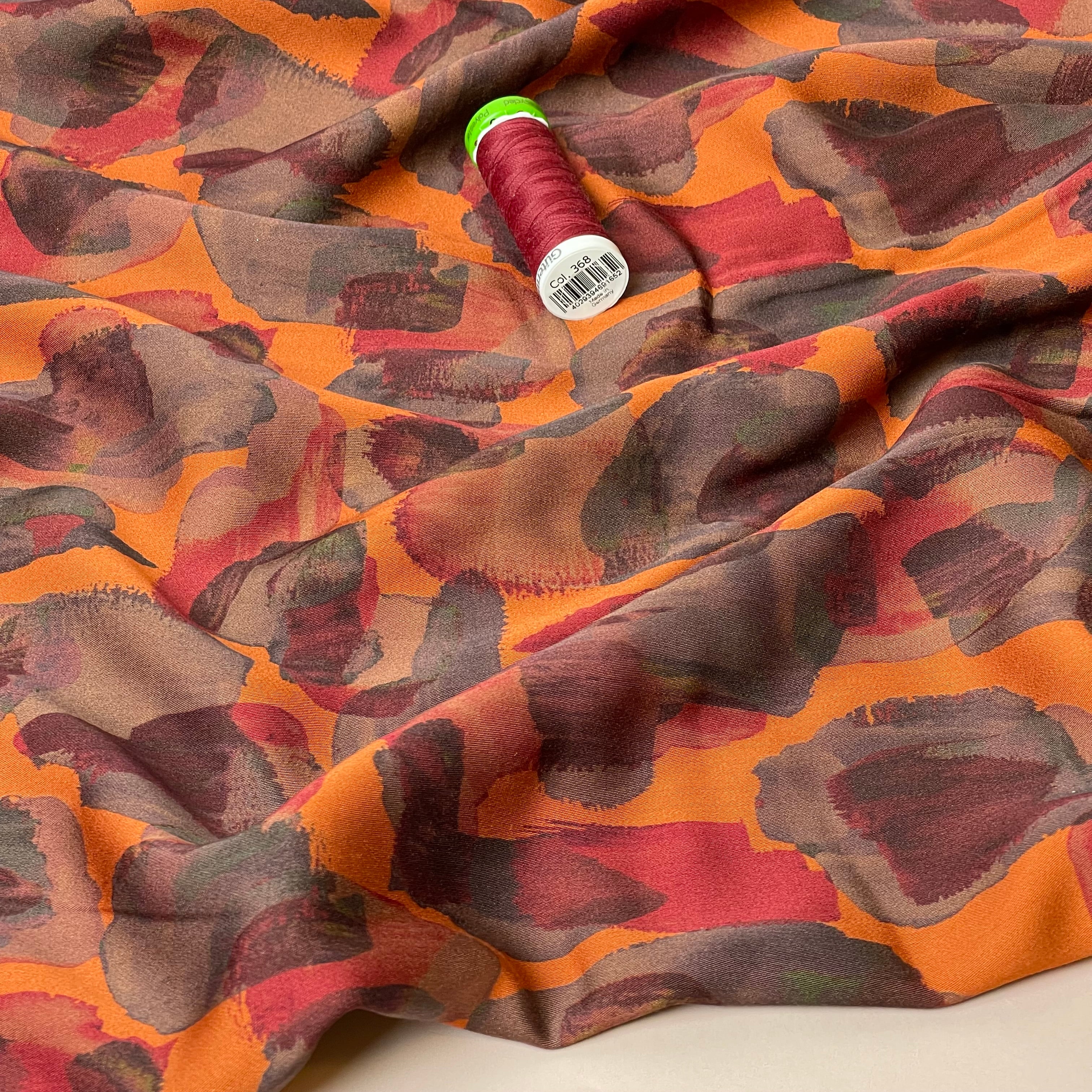 Burnt Ornage Painted Shapes Viscose Sateen Fabric