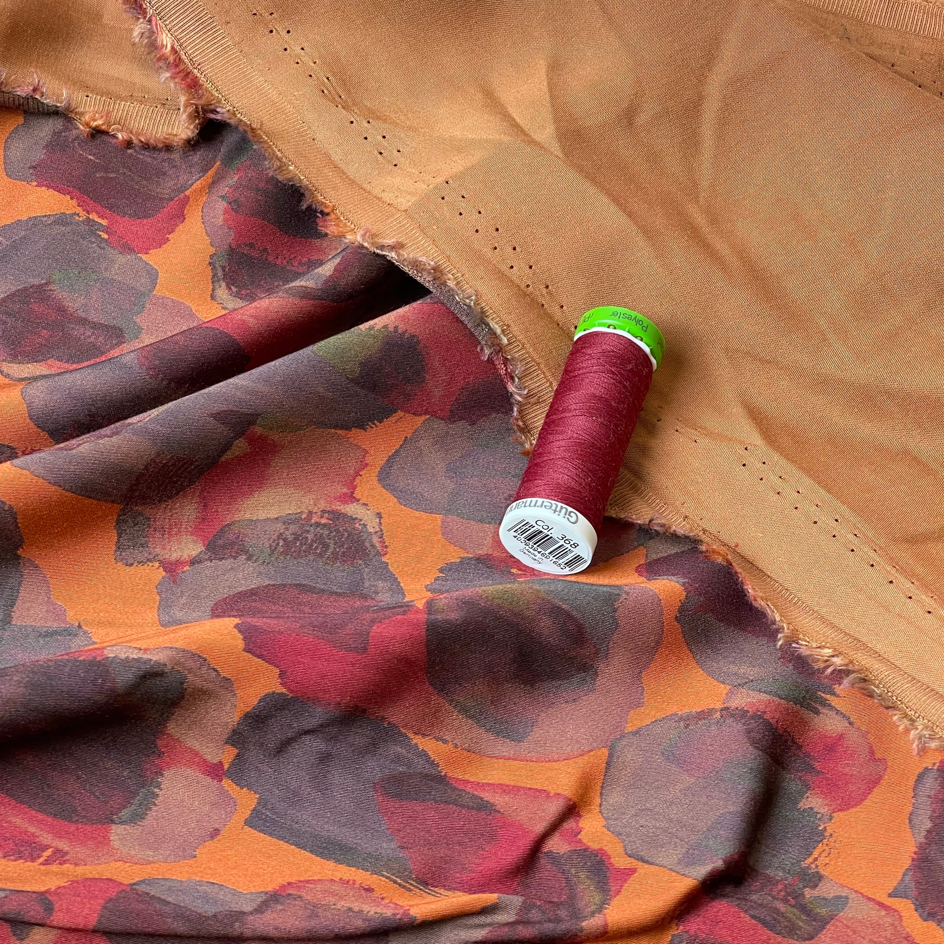 Burnt Ornage Painted Shapes Viscose Sateen Fabric