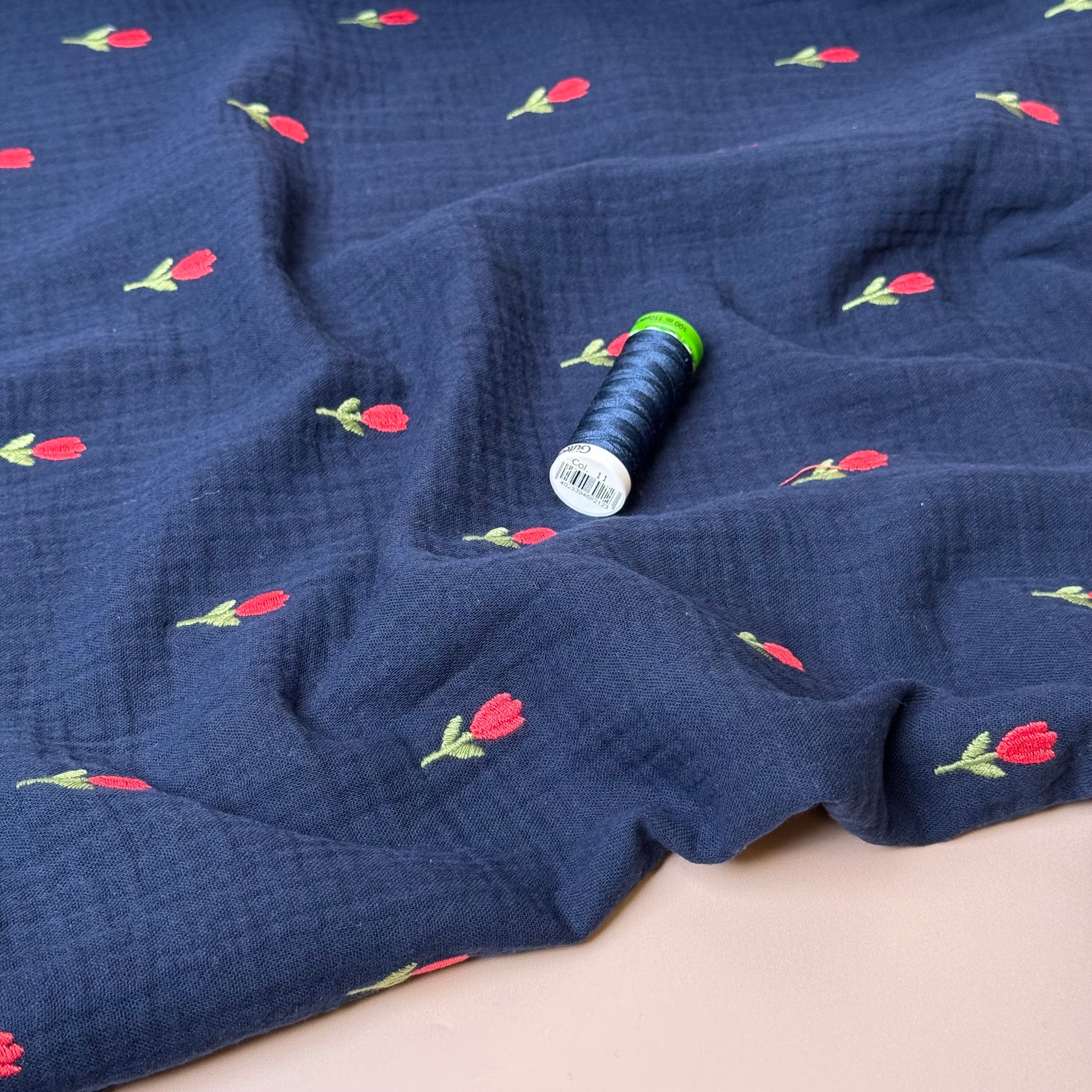 Embroidered Tulips on Navy Cotton Double Gauze