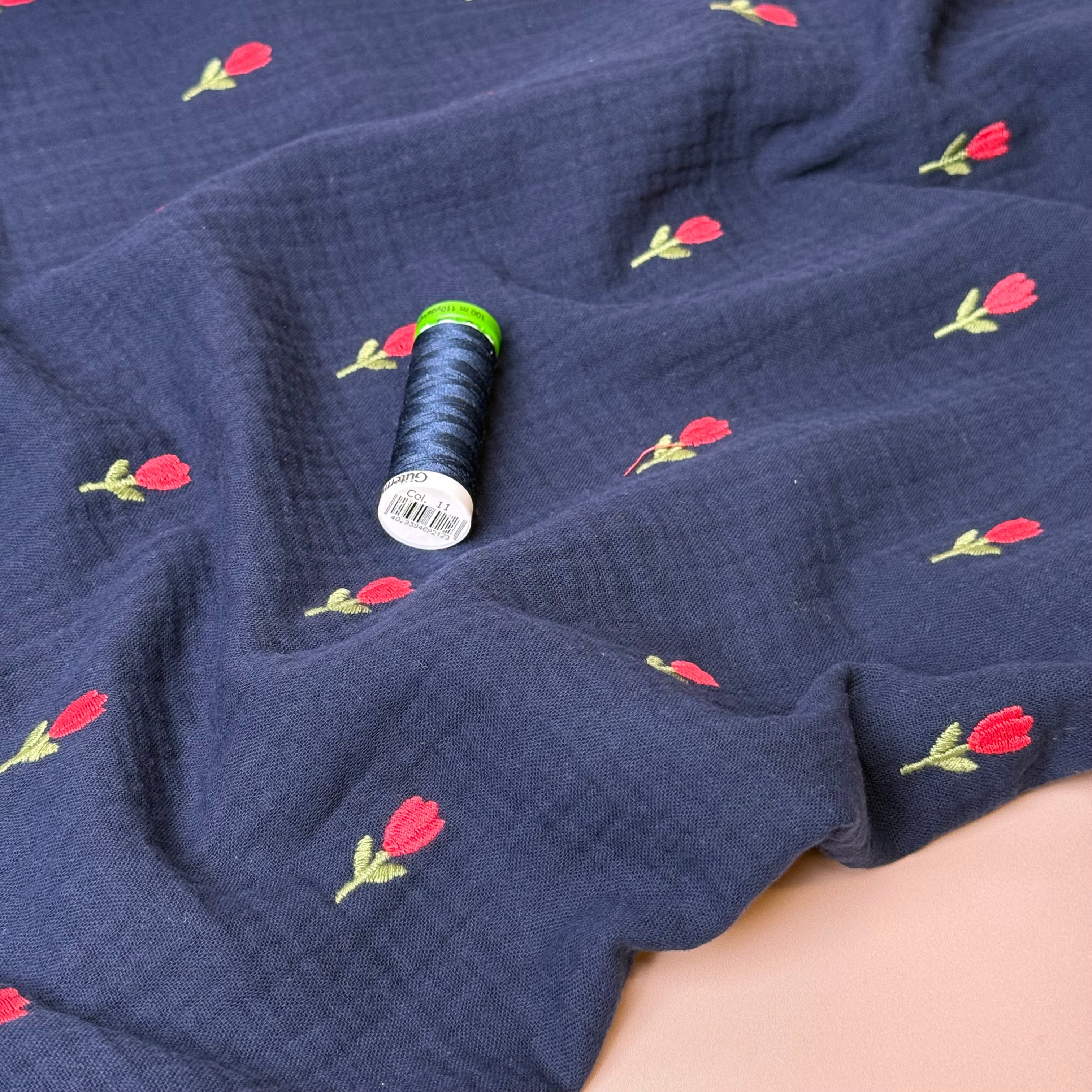 Embroidered Tulips on Navy Cotton Double Gauze