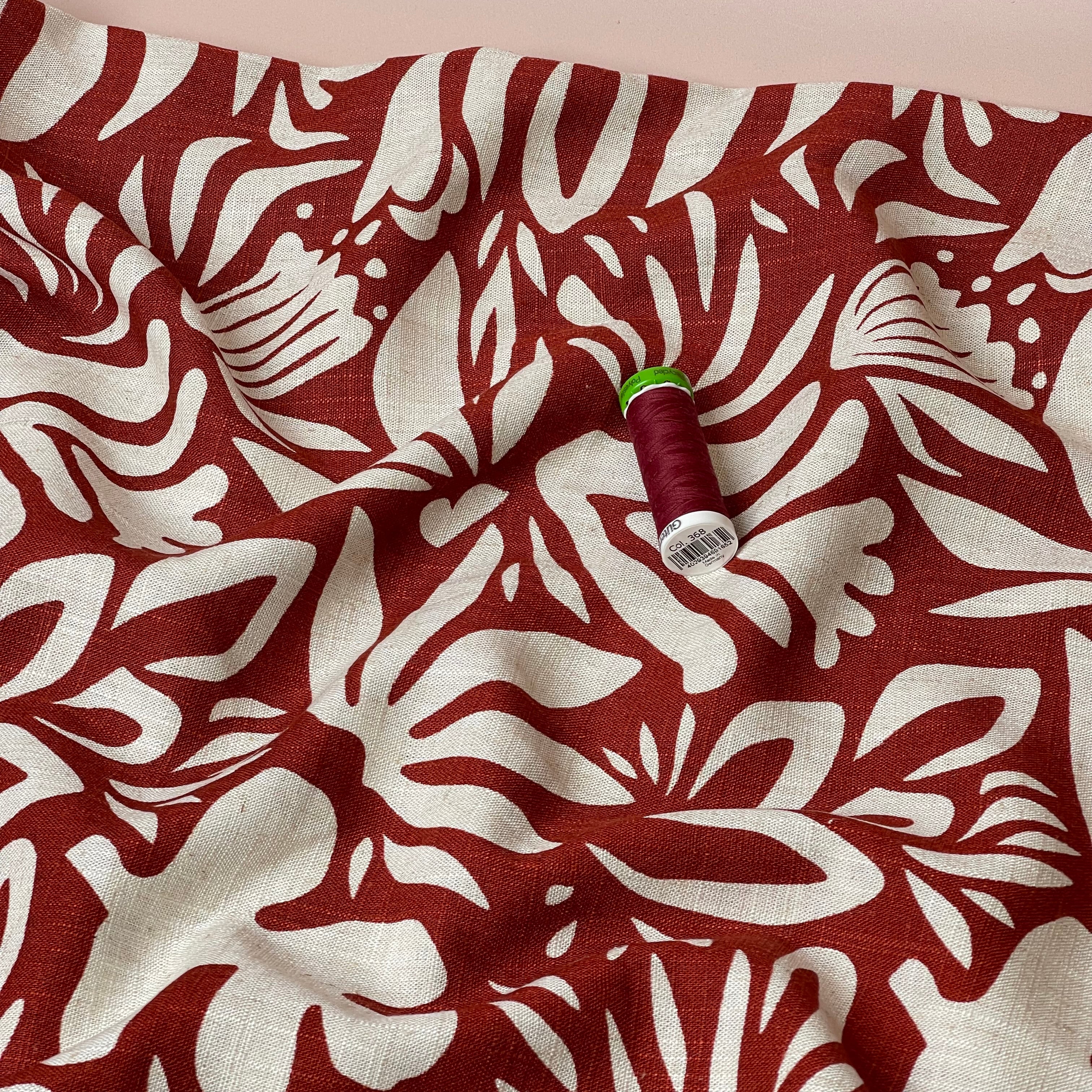 Graphic Plants Burnt Orange Viscose Linen Fabric