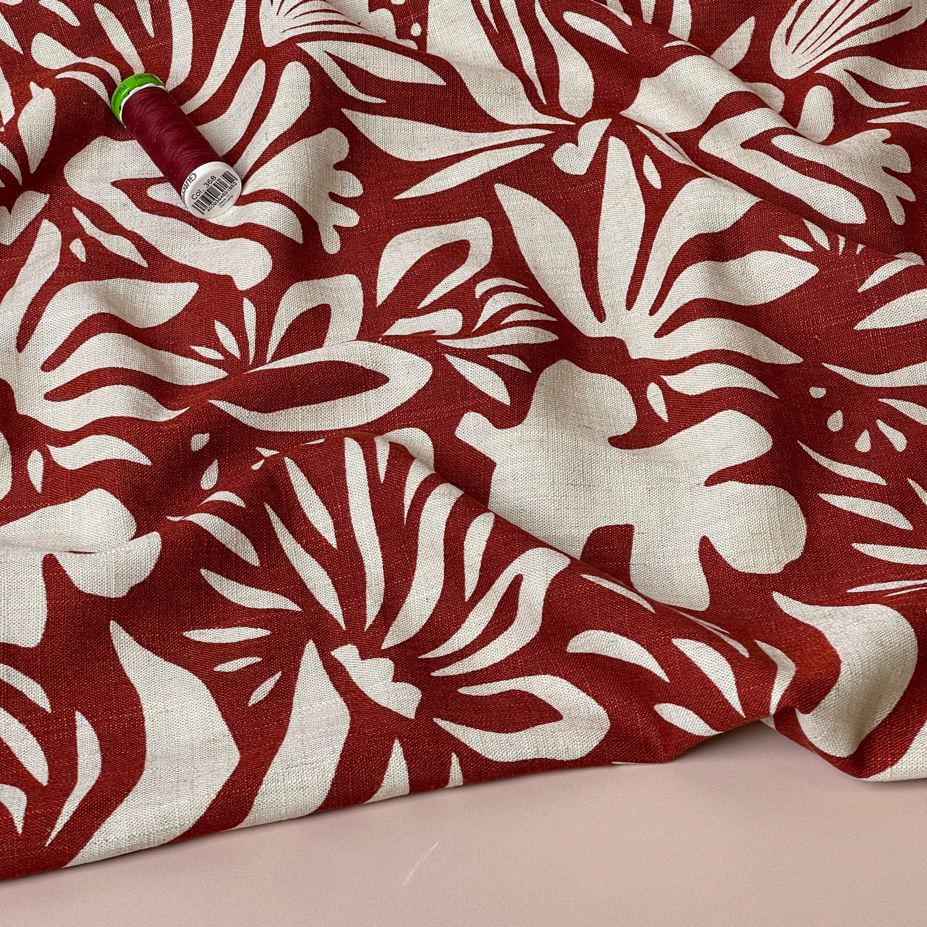 Graphic Plants Burnt Orange Viscose Linen Fabric