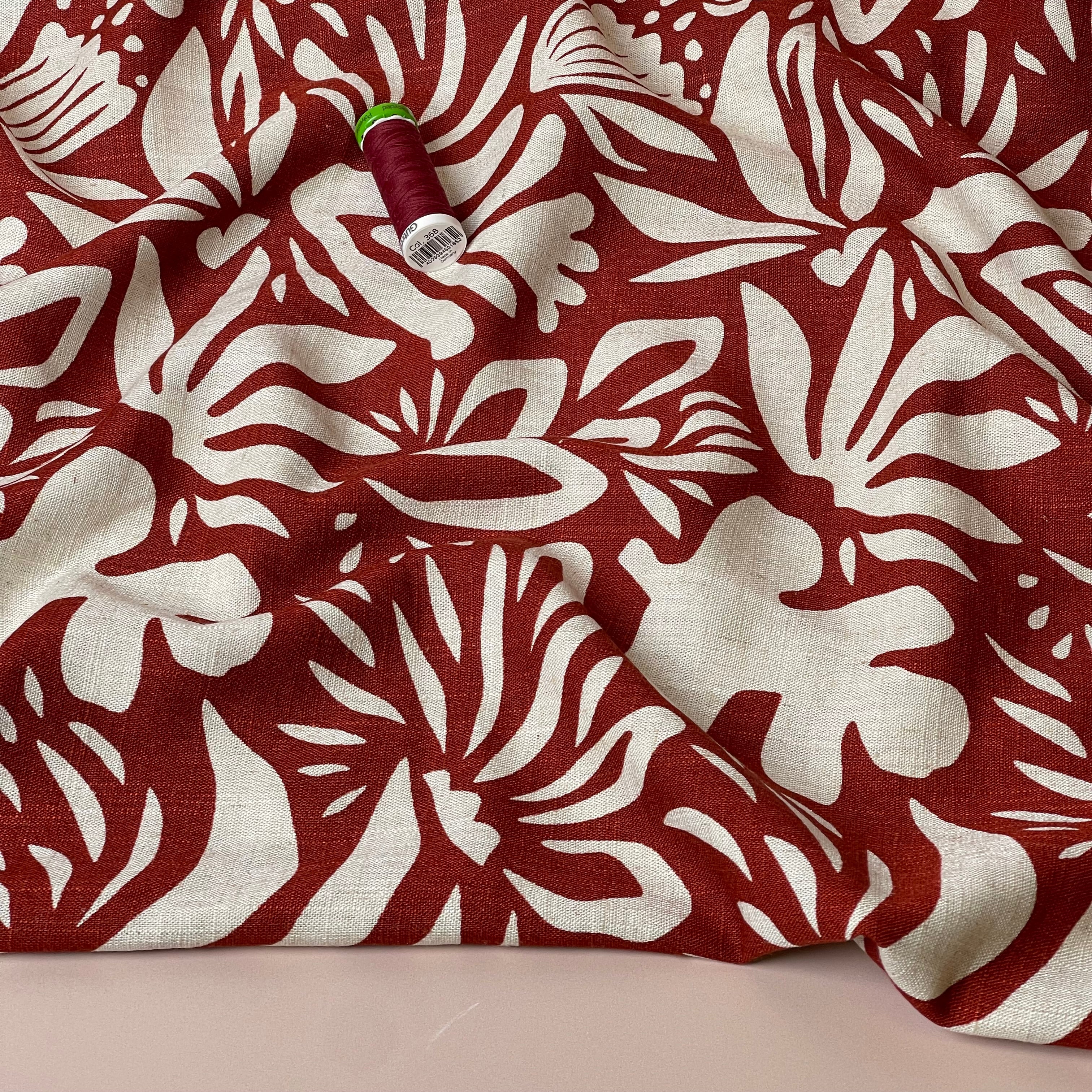 Graphic Plants Burnt Orange Viscose Linen Fabric