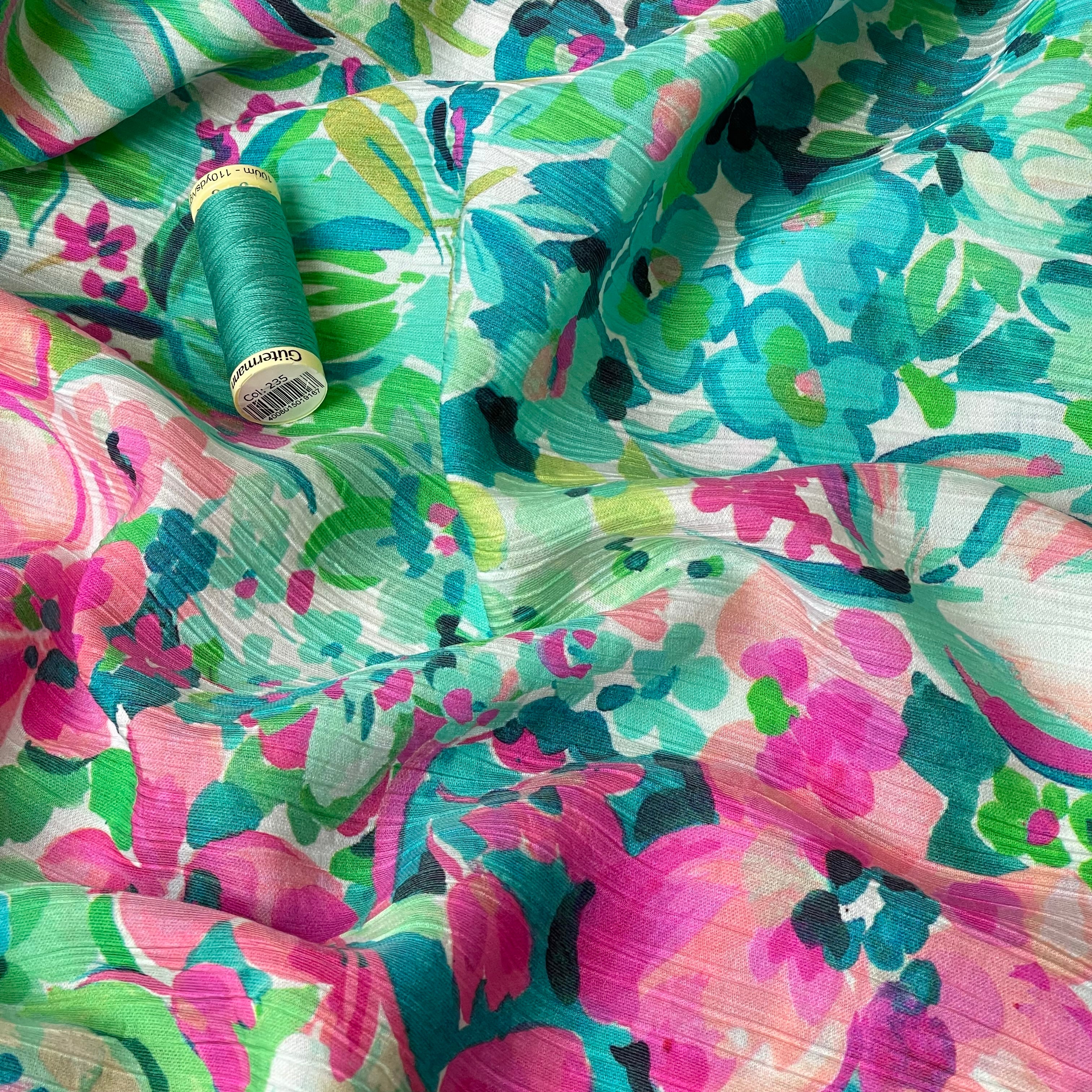 Watercolour Blooms Green & Pink Textured Viscose Fabric