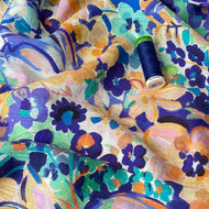 REMNANT 1.2 Metres (plus stitched area) - Watercolour Blooms Blue Textured Viscose Fabric
