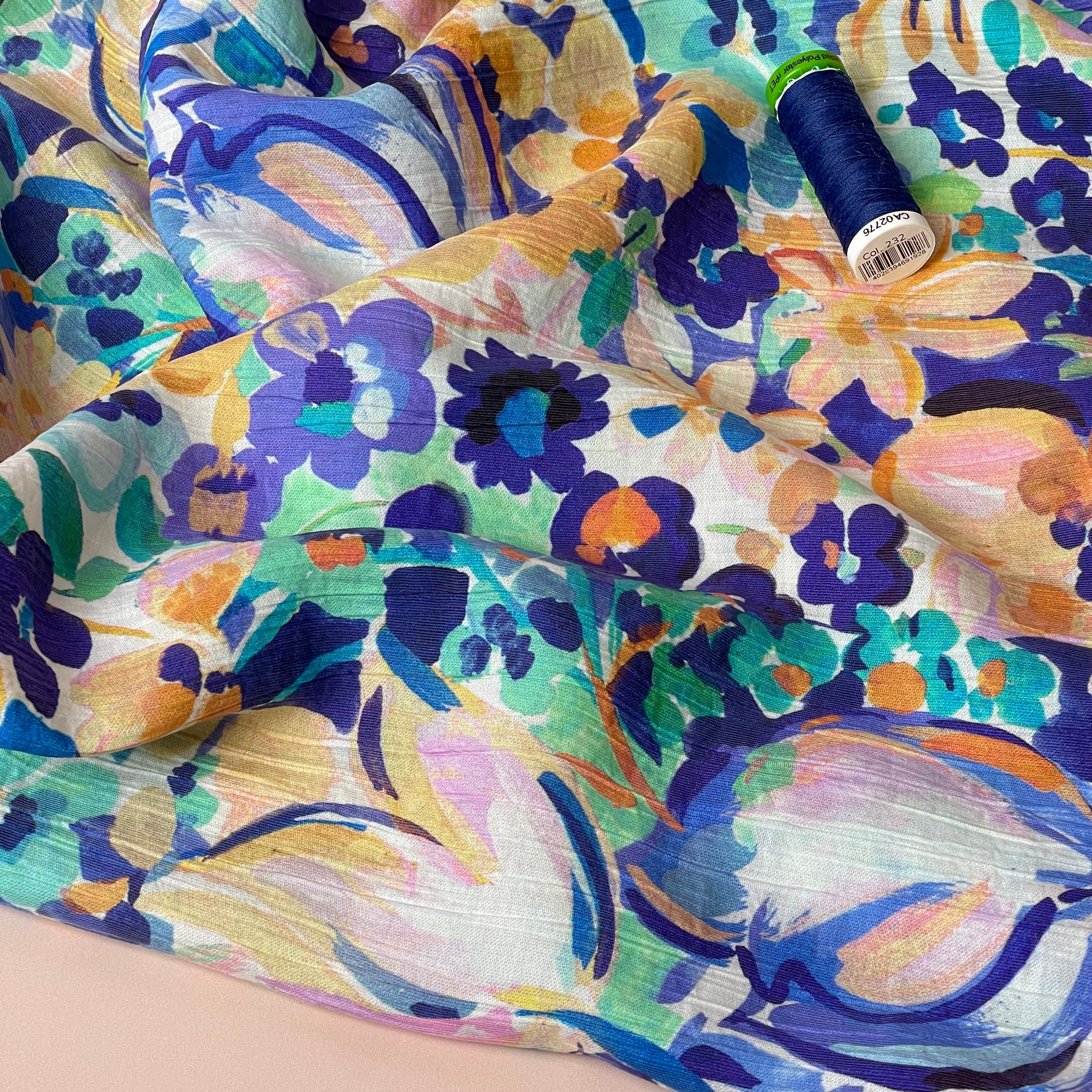 Watercolour Blooms Blue Textured Viscose Fabric