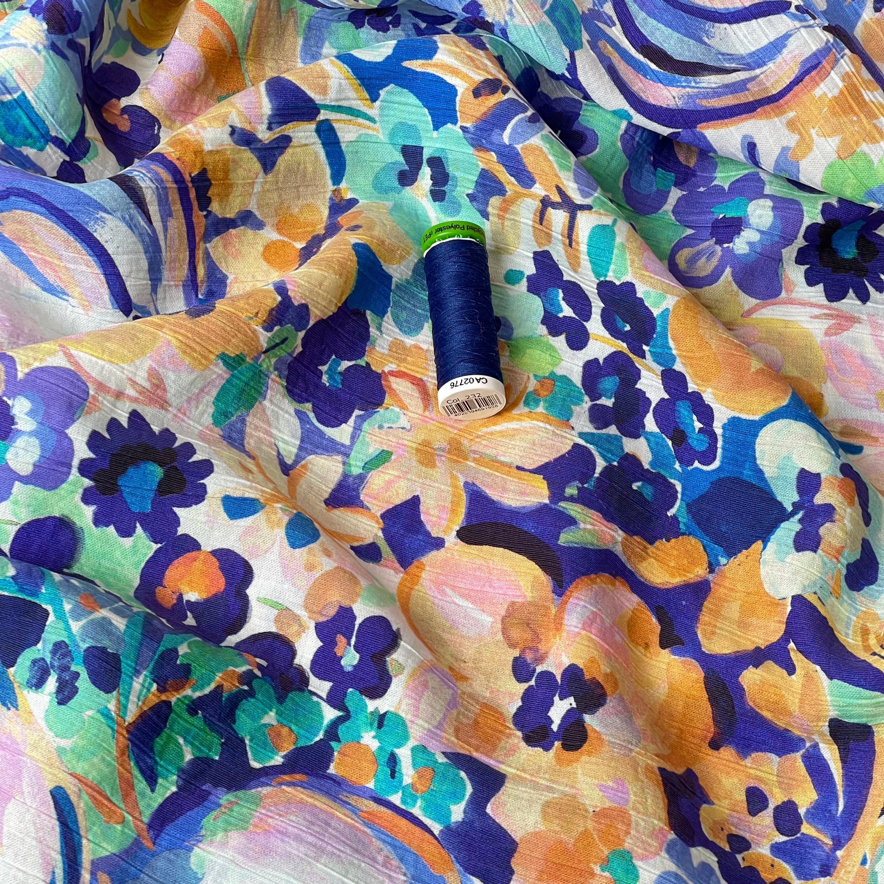 Watercolour Blooms Blue Textured Viscose Fabric