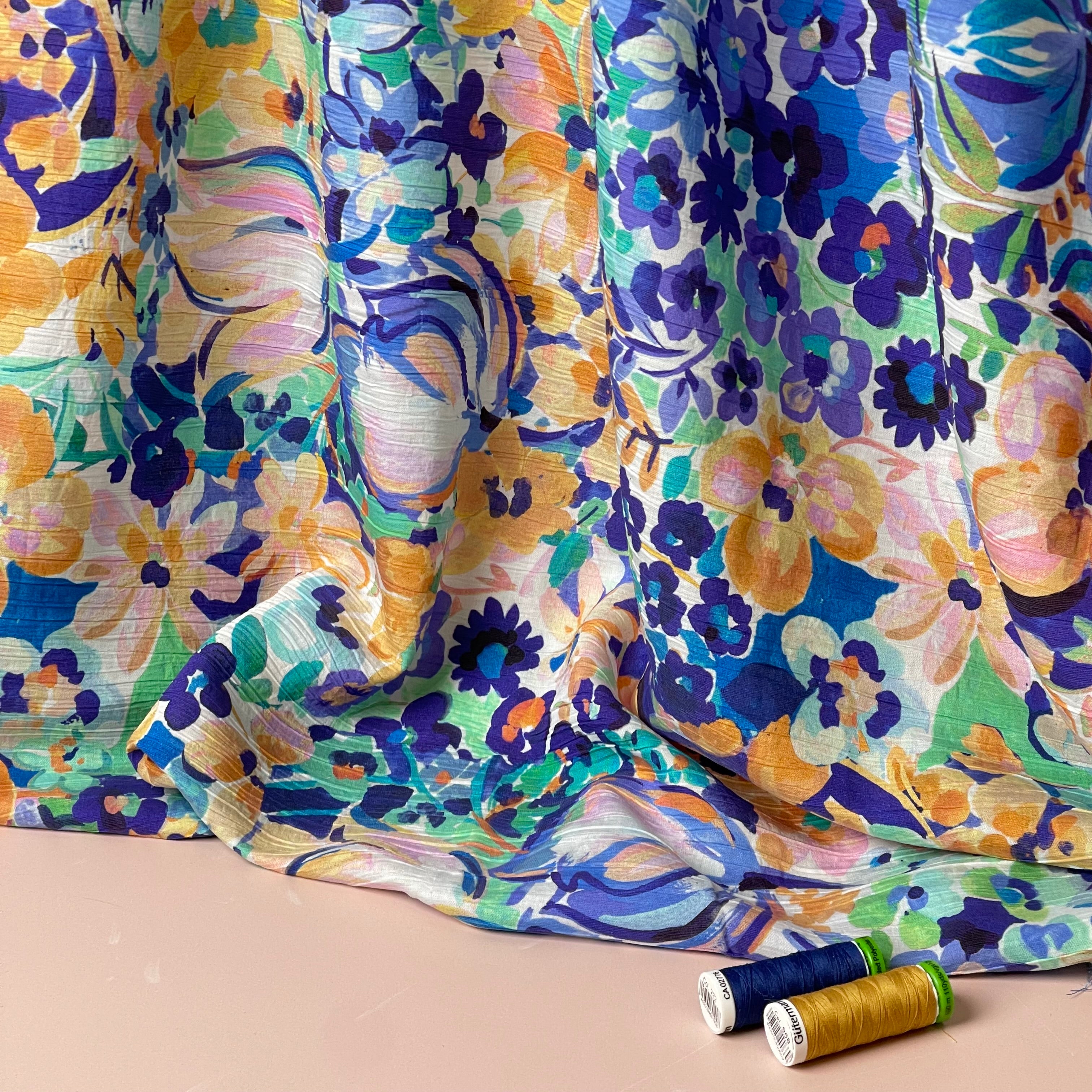 Watercolour Blooms Blue Textured Viscose Fabric