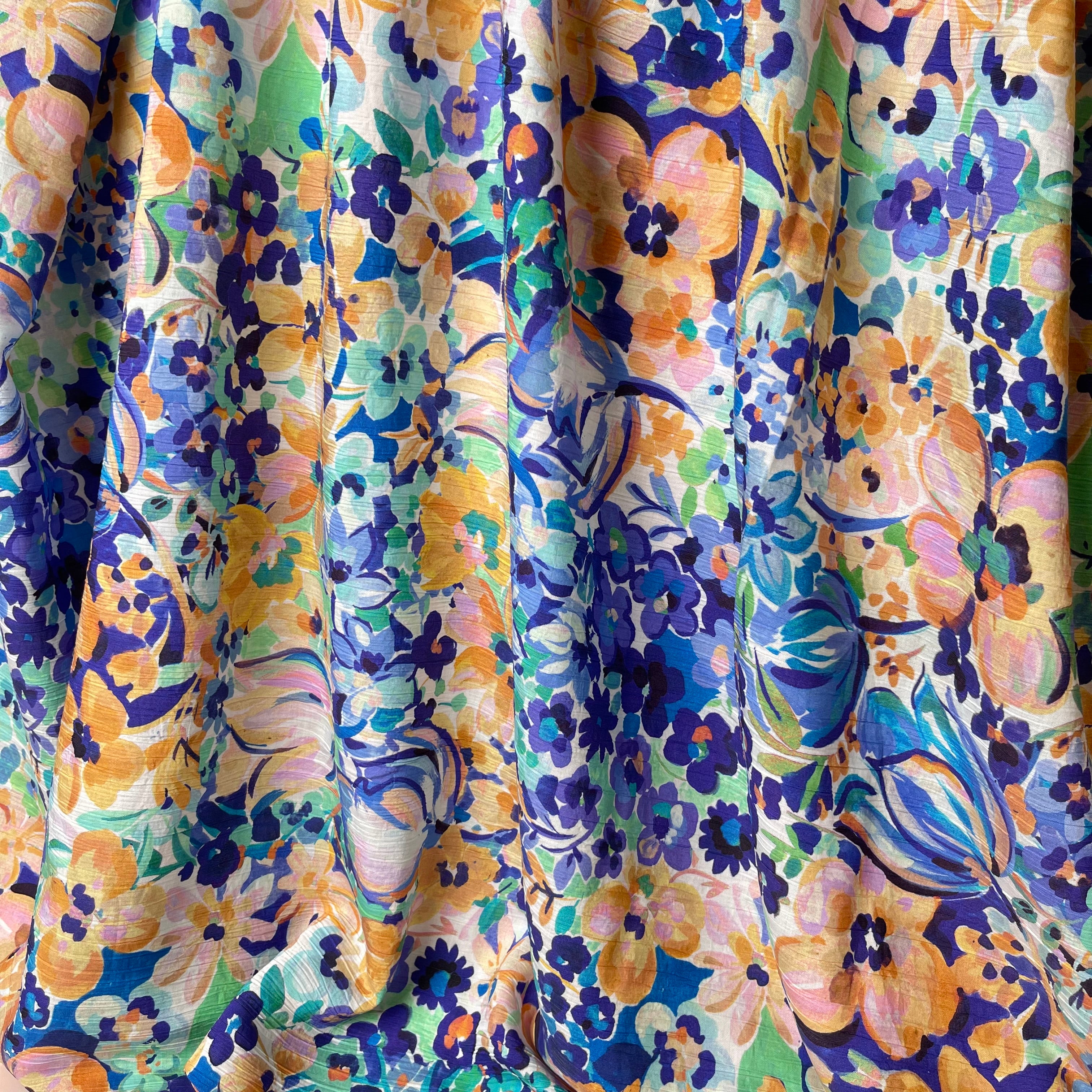 Watercolour Blooms Blue Textured Viscose Fabric