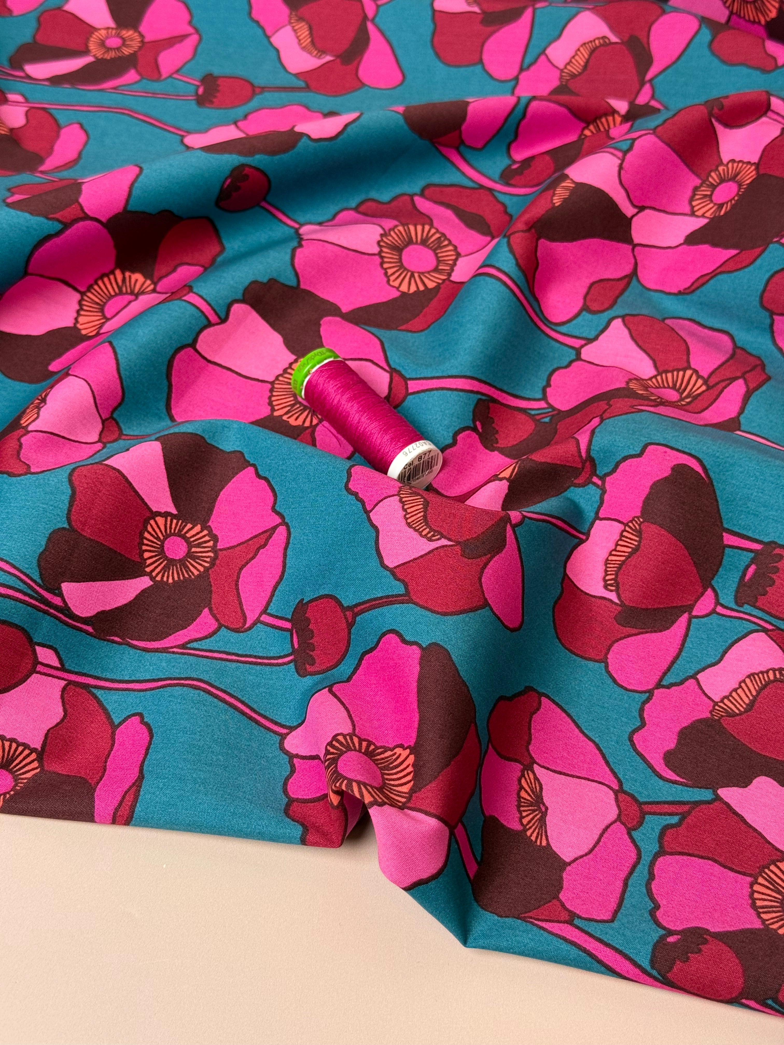 Graphic Poppies on Teal Viscose Cotton Fabric